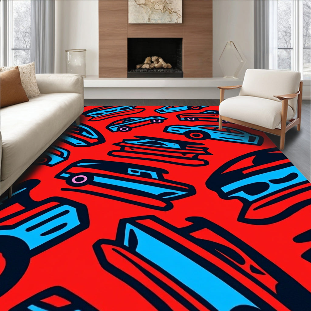 Retro Red Blue Automobile Collage Rug