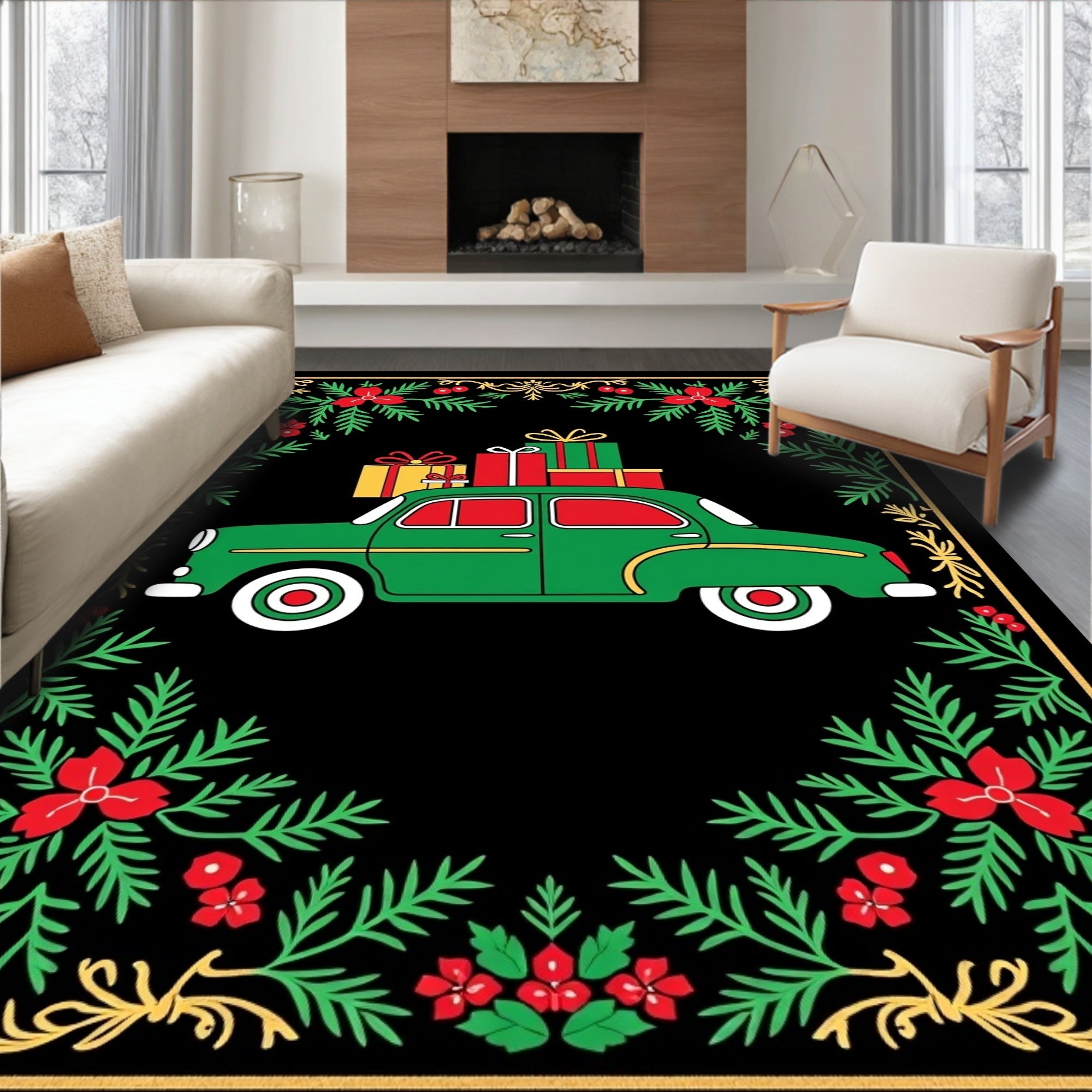 Green Car Christmas Presents Border Rug