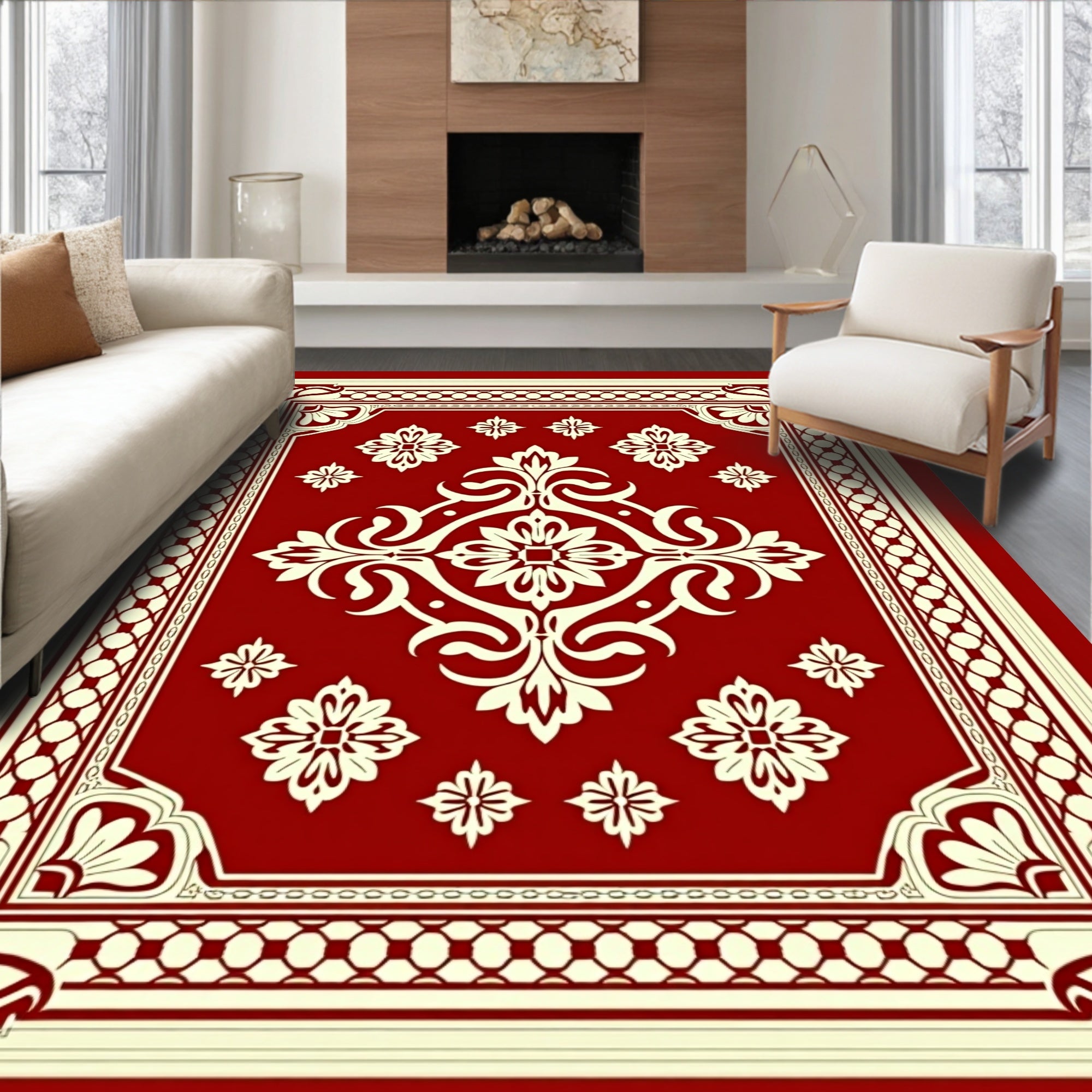 Crimson Floral Bordered Centerpiece Rug