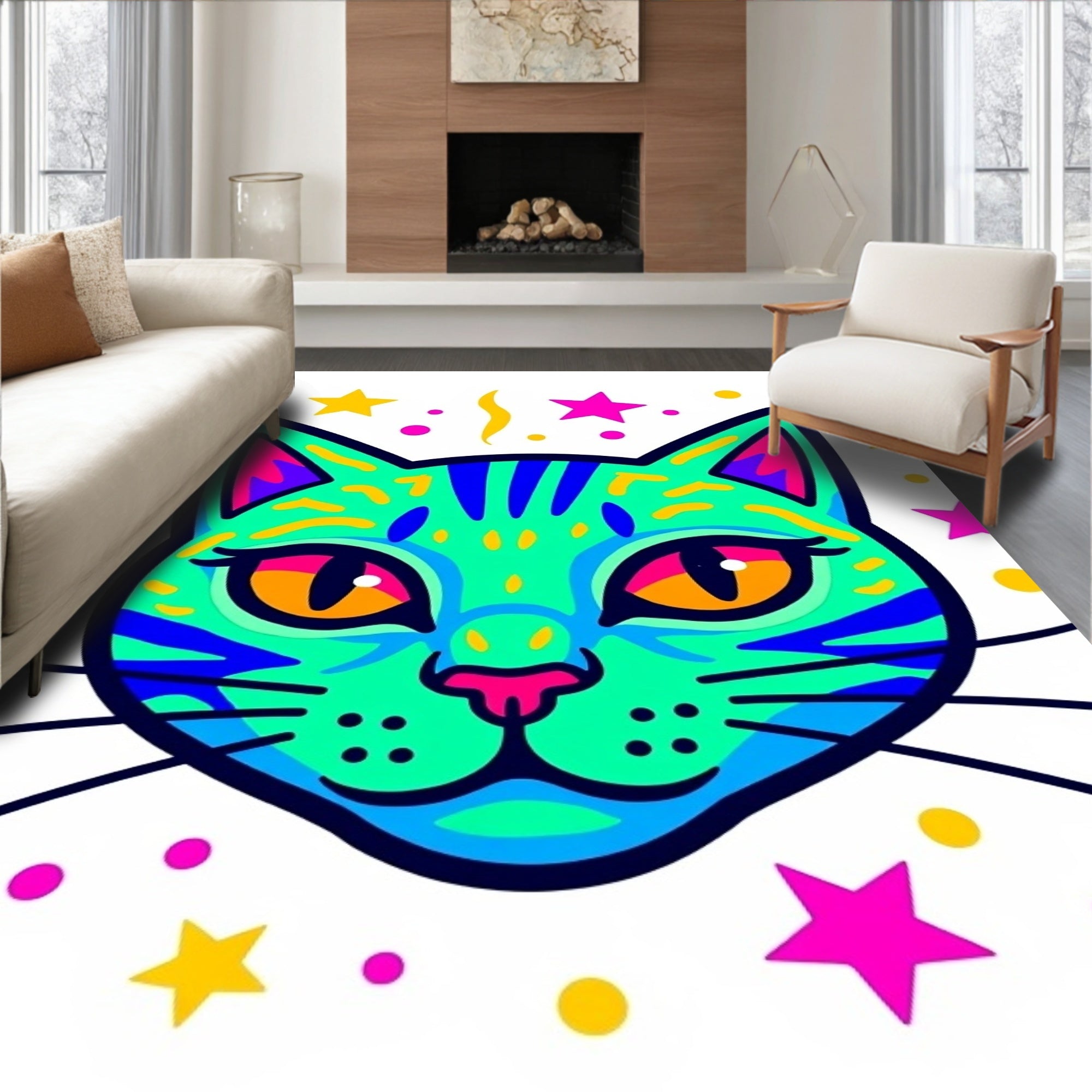 Vibrant Teal Cat Starburst Celebration Rug