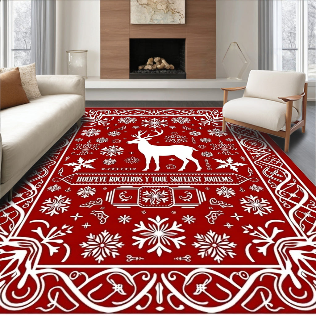 Red White Reindeer Snowflake Scandinavian Rug
