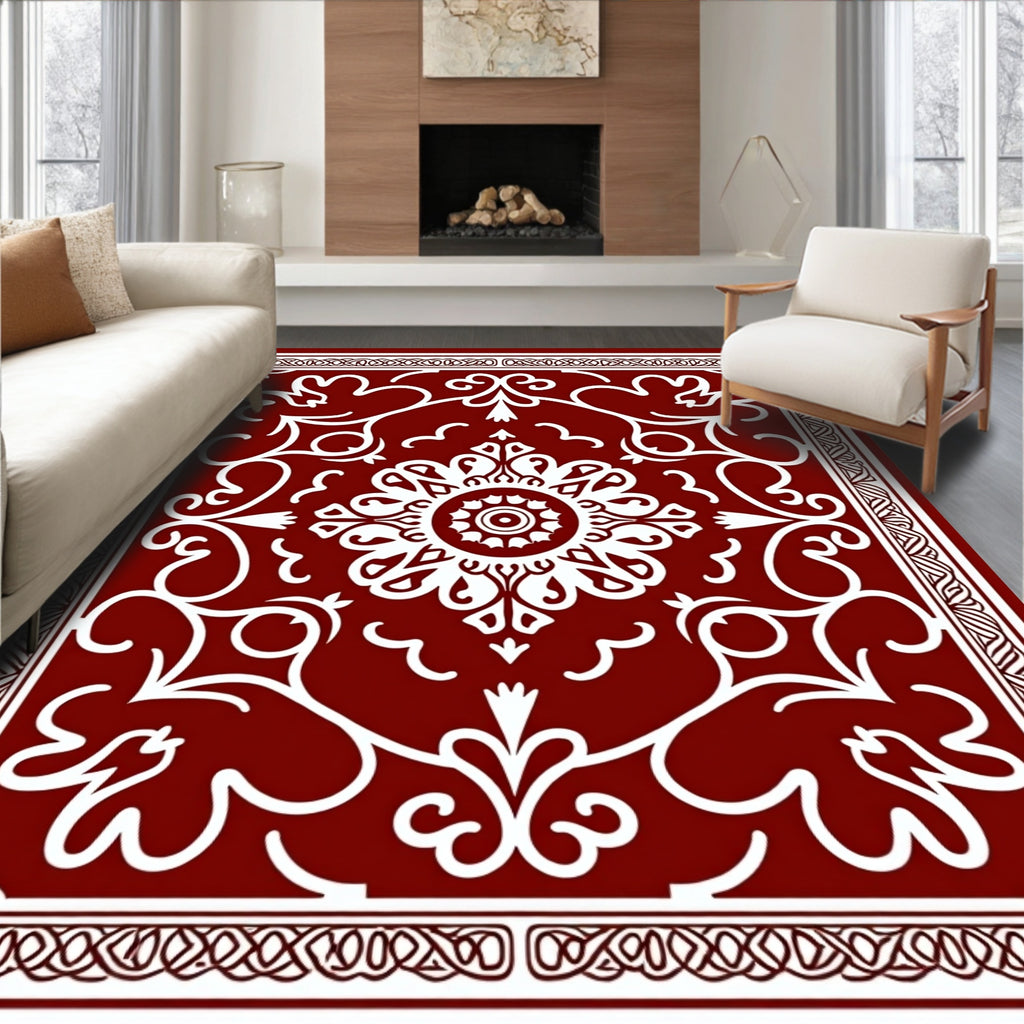 Crimson White Filigree Floral Medallion Rug