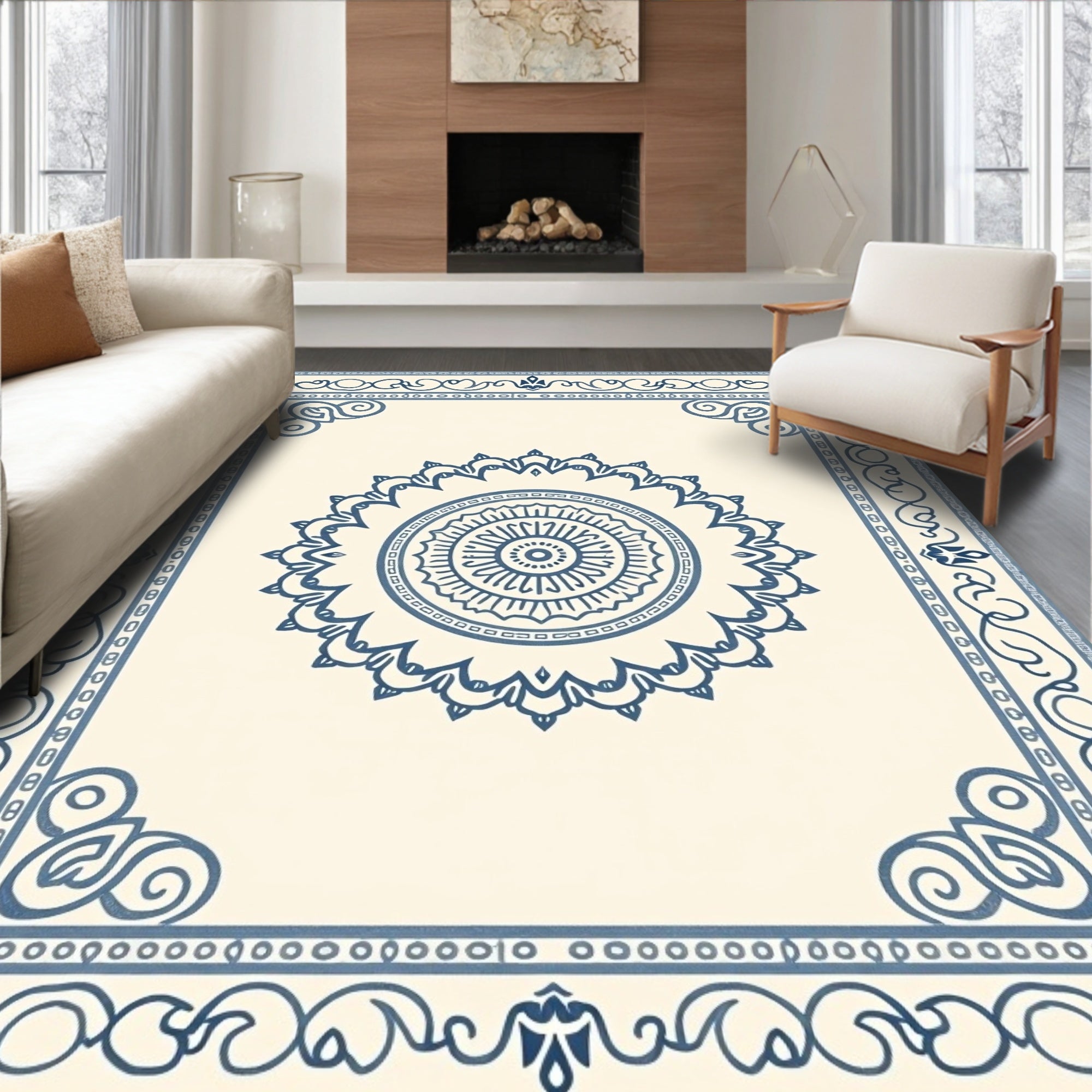 Ornate Blue Medallion Border Rug
