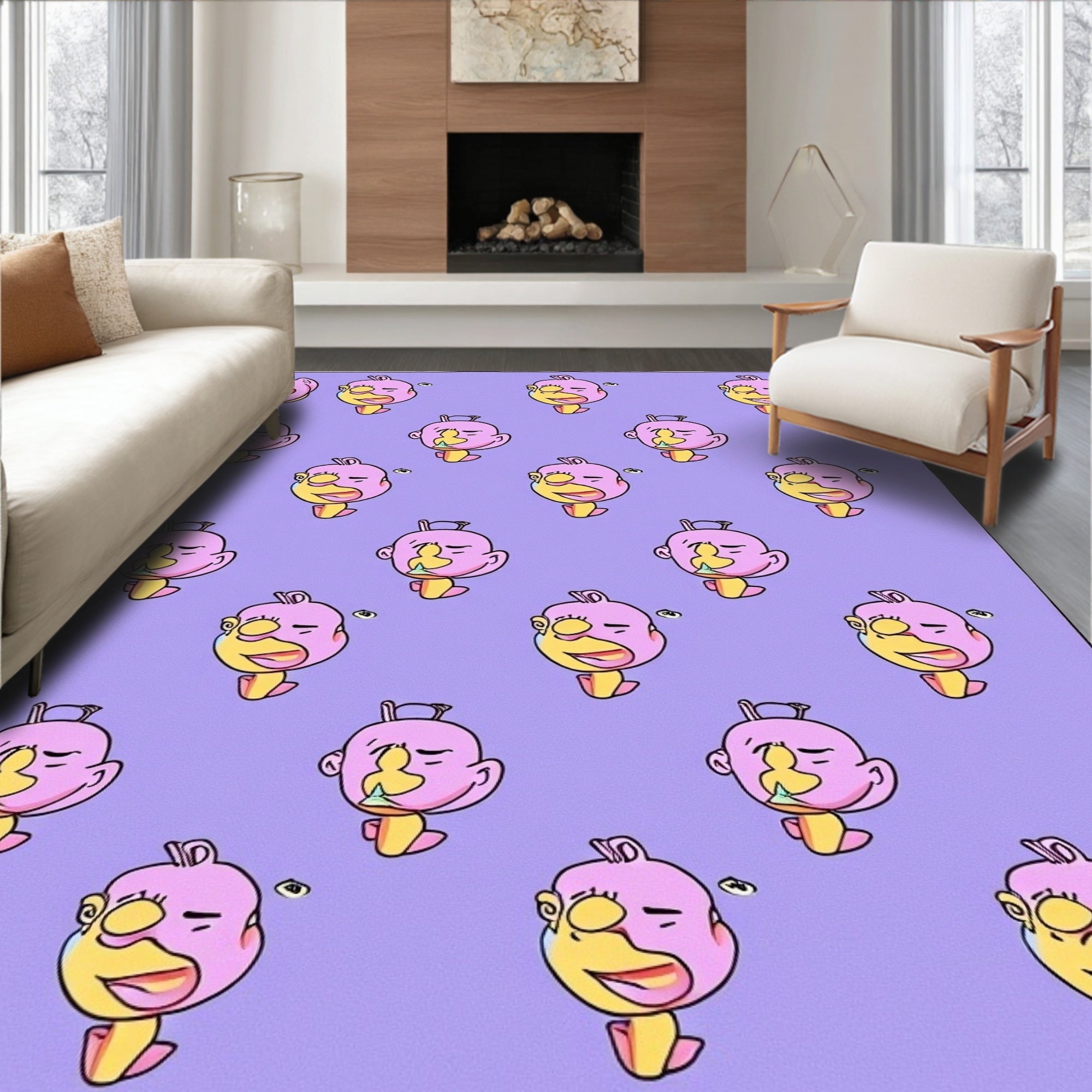Playful Pink Yellow Cartoon Face Repeat Rug