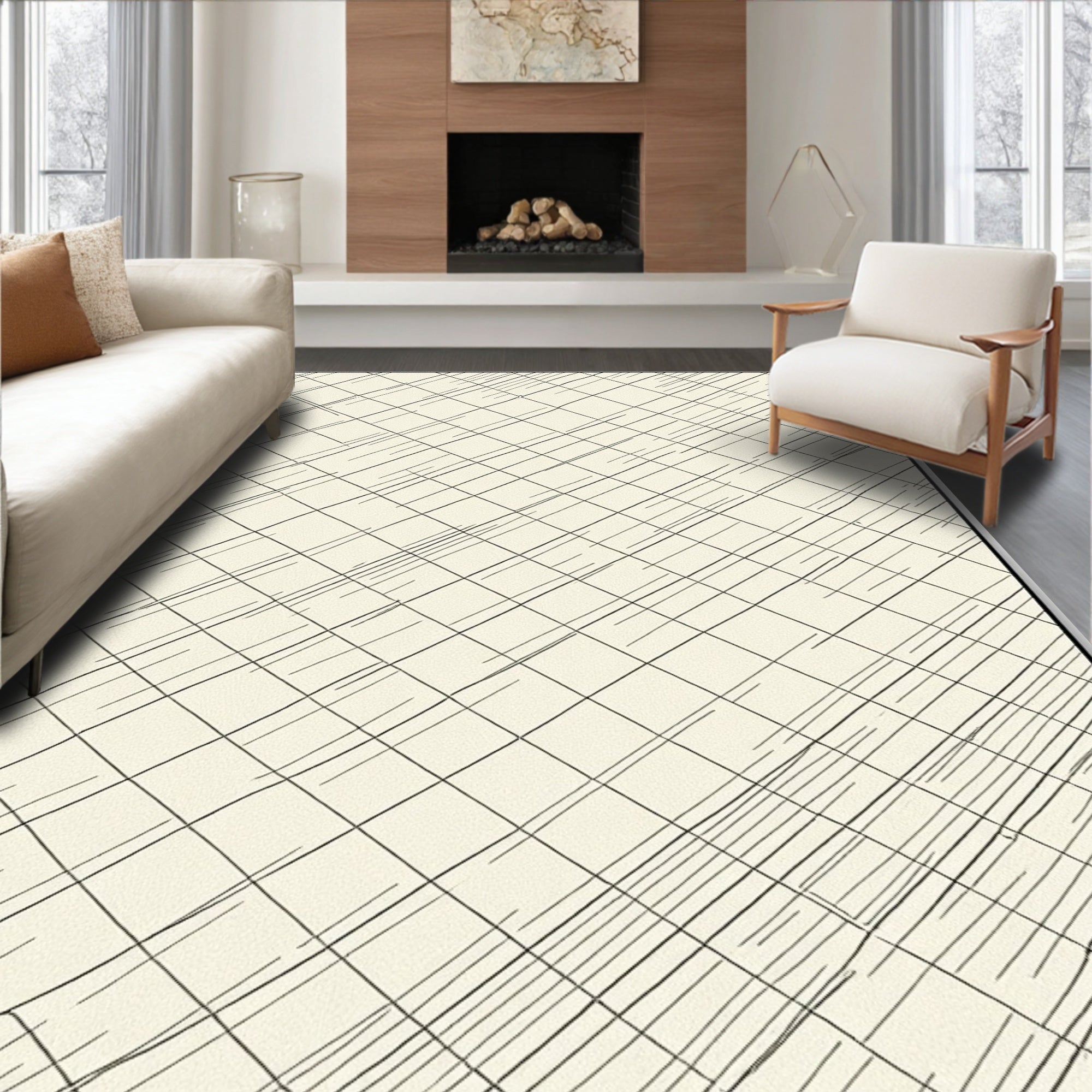 Cream and Black Diagonal Crosshatch Rug