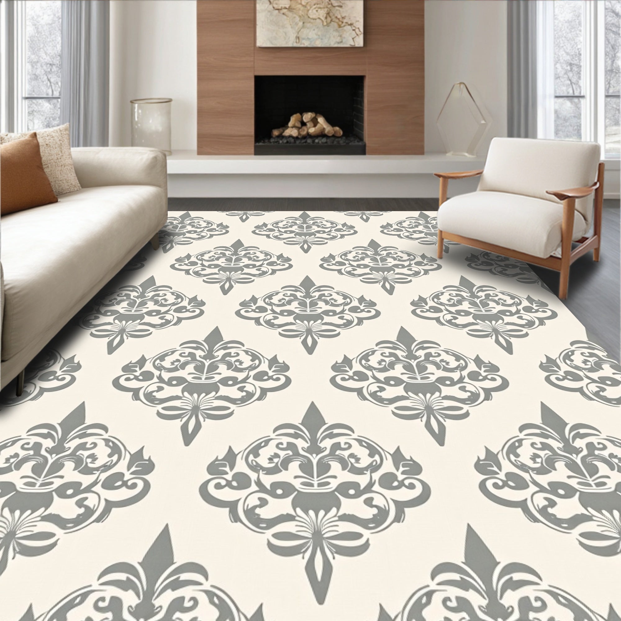 Elegant Gray Damask Scroll Medallion Rug