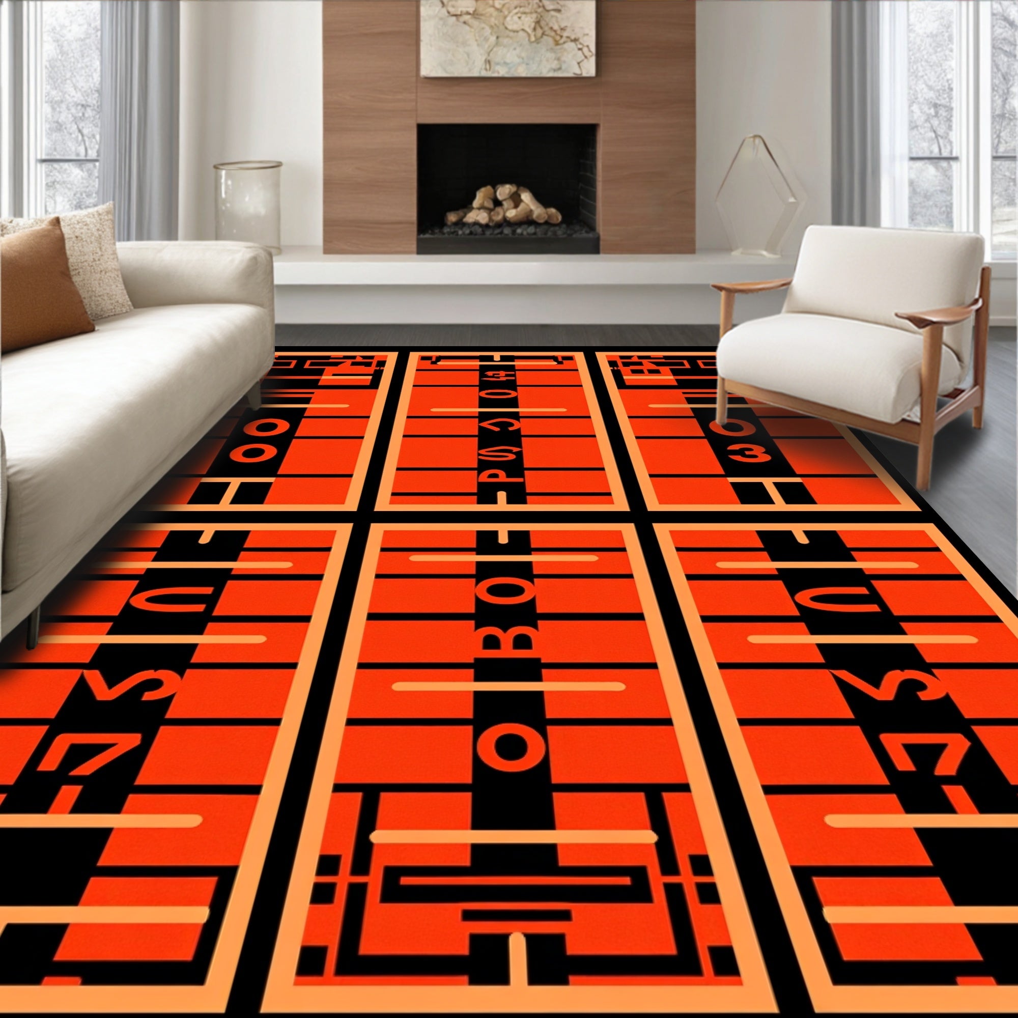 Orange Black Football Field Panels Rug