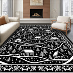 Rustic Village Winter Scene Black Rug