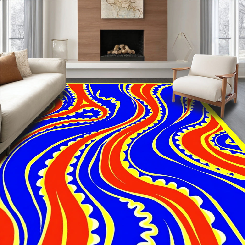 Bold Red Blue Curving Tentacles Rug