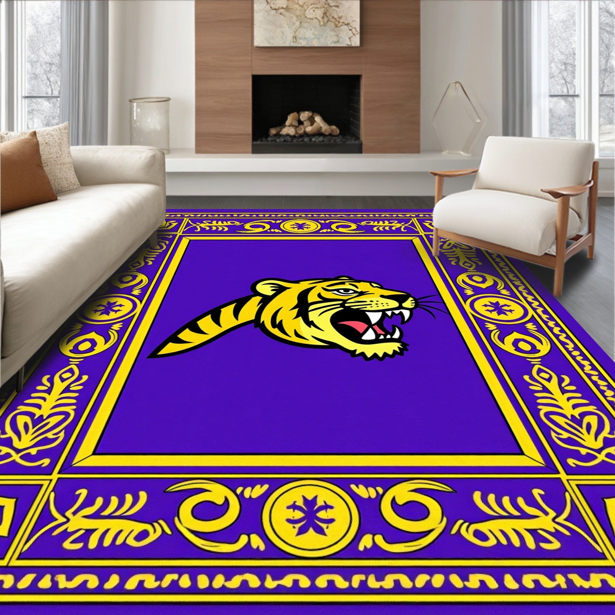 Bold Tiger Head Purple Yellow Border Rug