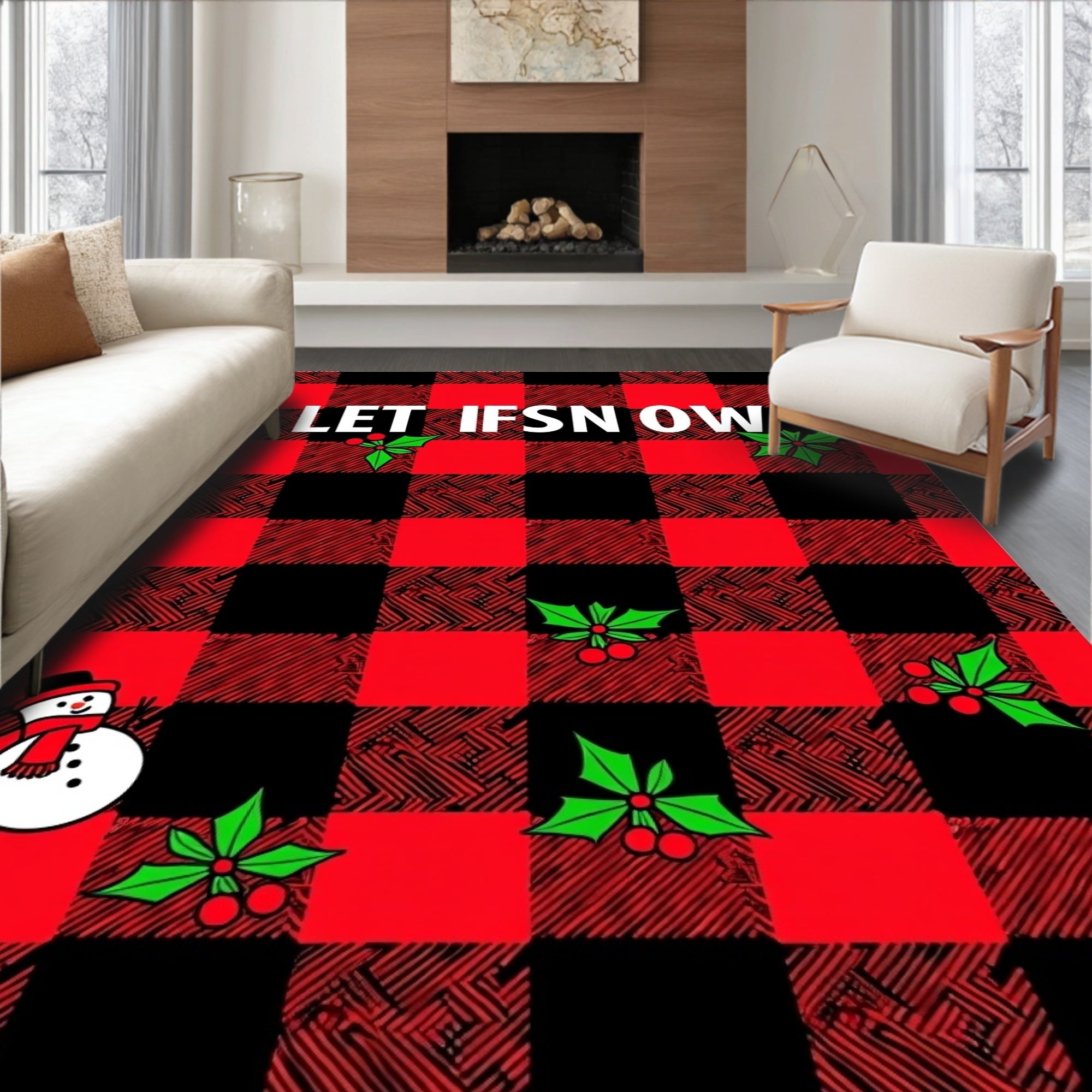 Red Black Buffalo Snowman Holly Rug
