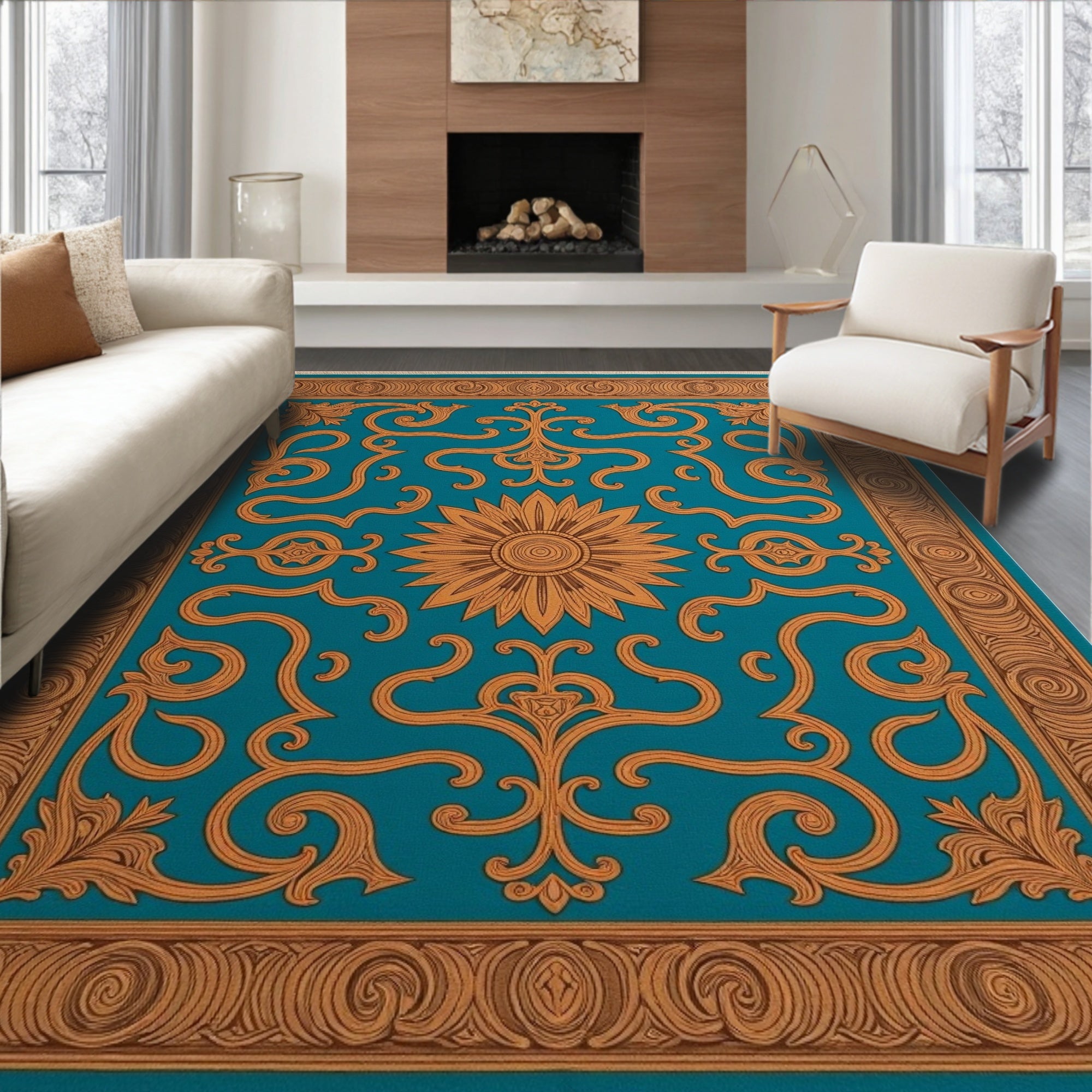 Teal Golden Sunburst Scroll Rug