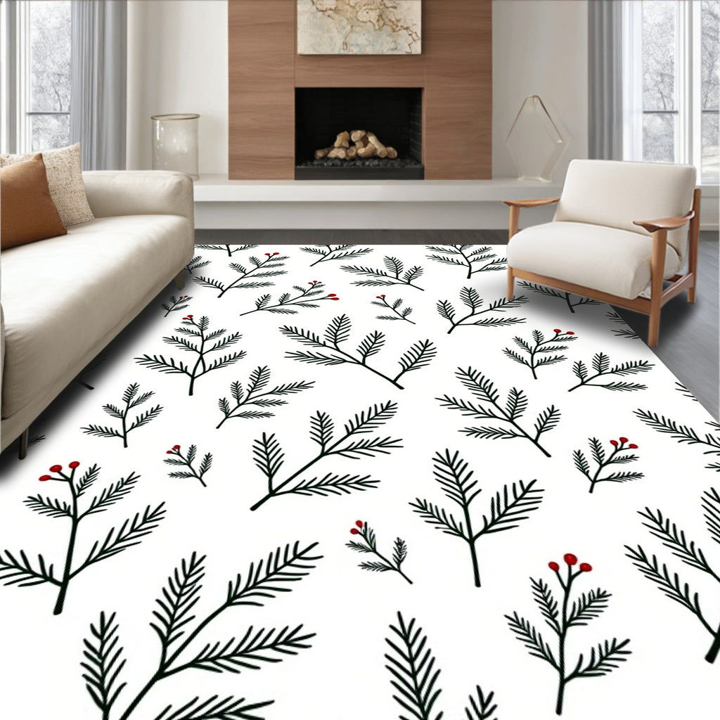 Dark Green Pine Branch Red Berry Rug