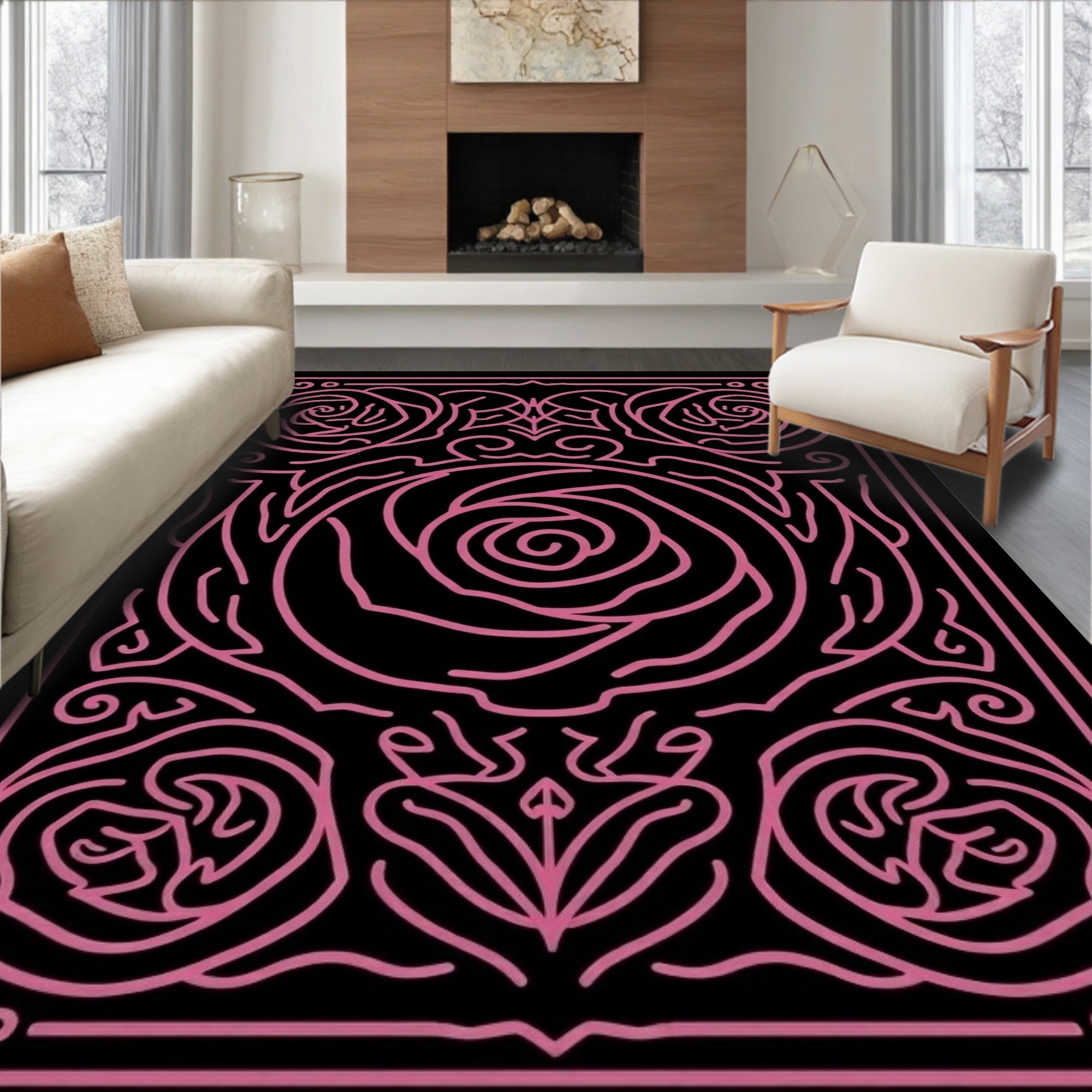Pink Outline Rose Floral Frame Rug