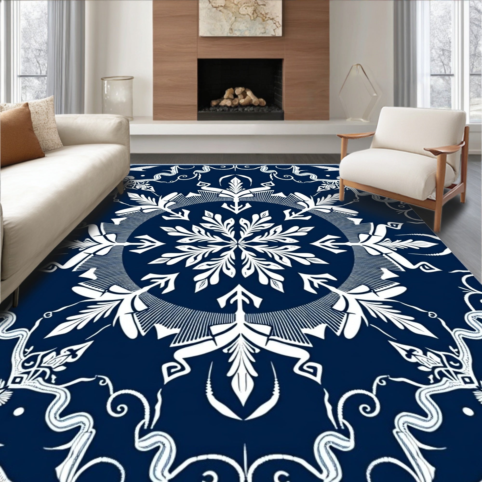 Deep Blue White Snowflake Mandalas Rug