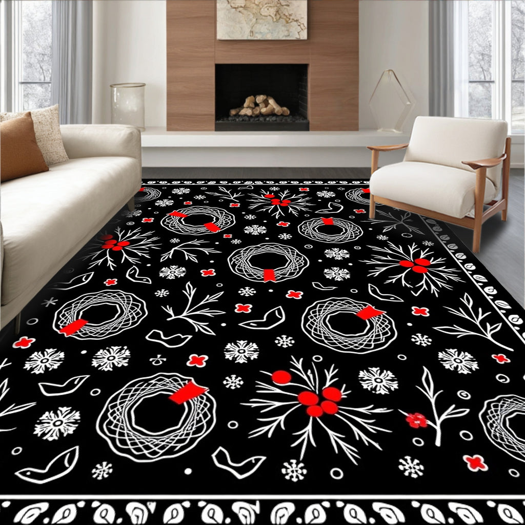 Black Red White Wreath Snowflake Holiday Rug