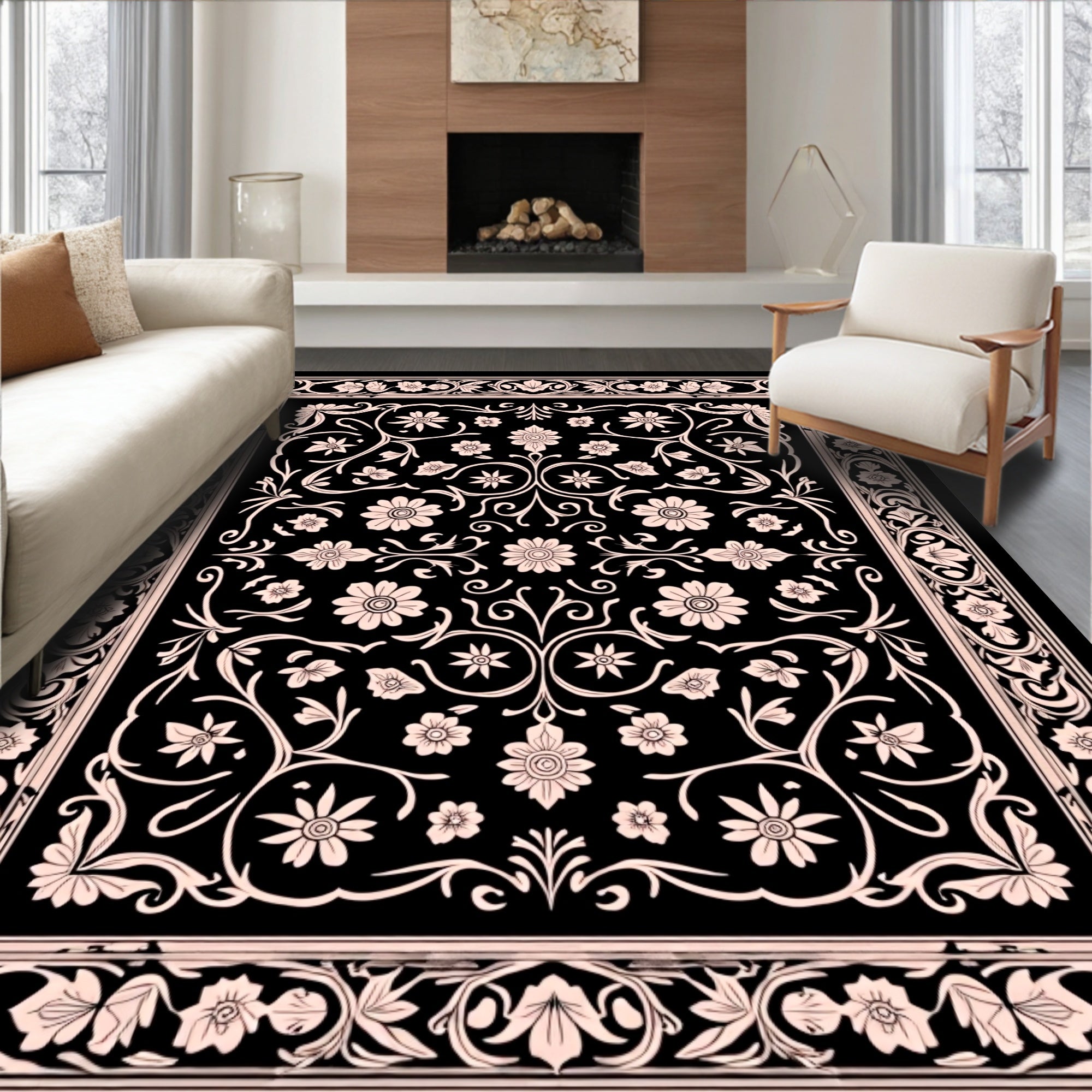 Black and Cream Floral Scrollwork Rug