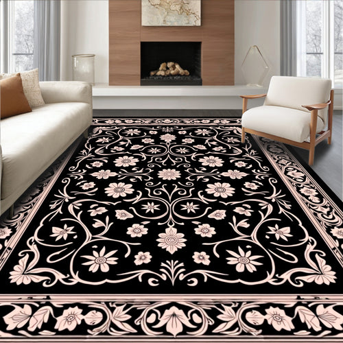 Black and Cream Floral Scrollwork Rug
