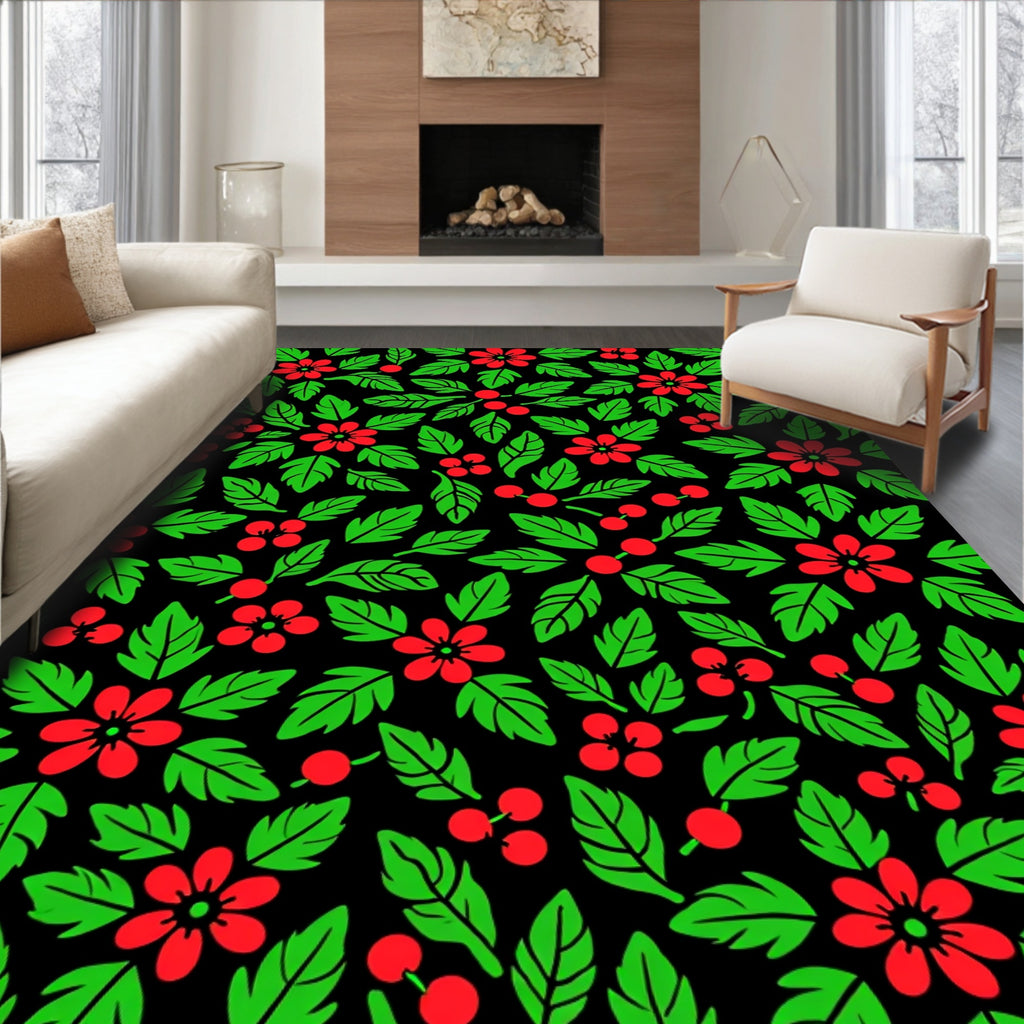 Crimson Berry Leaf Blossom Arrangement Rug