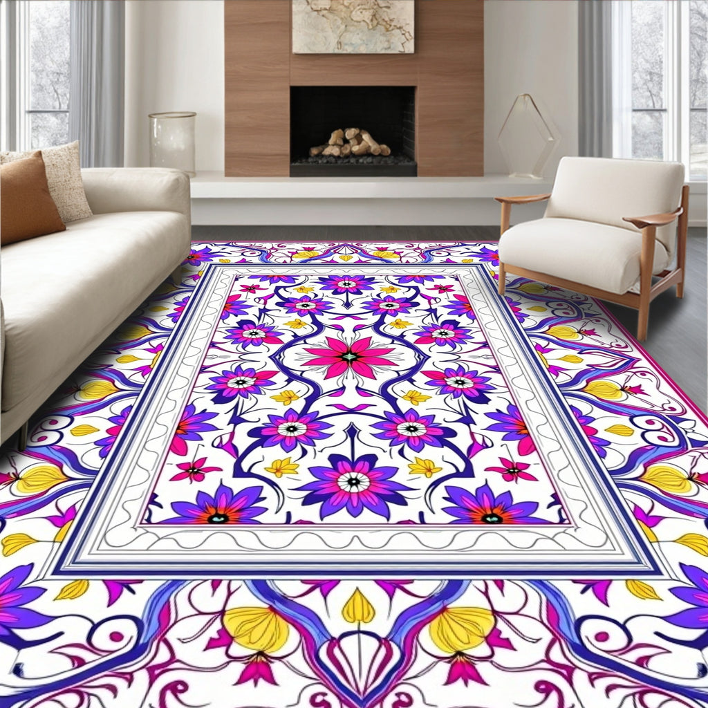 Vibrant floral medallion with purple accents Rug