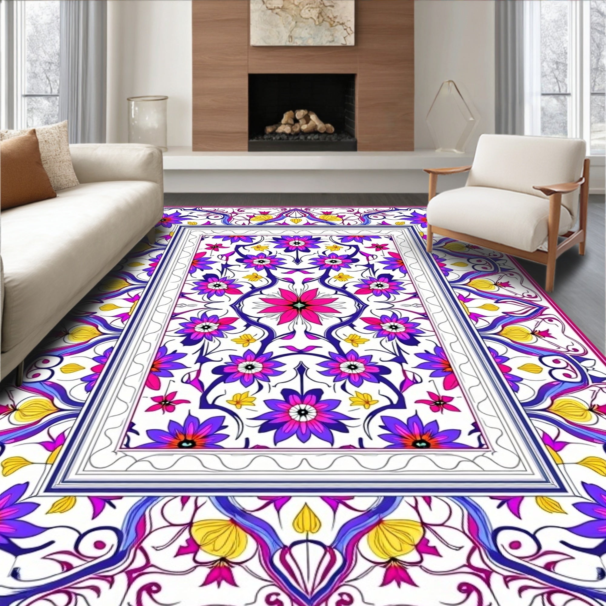 Vibrant floral medallion with purple accents Rug