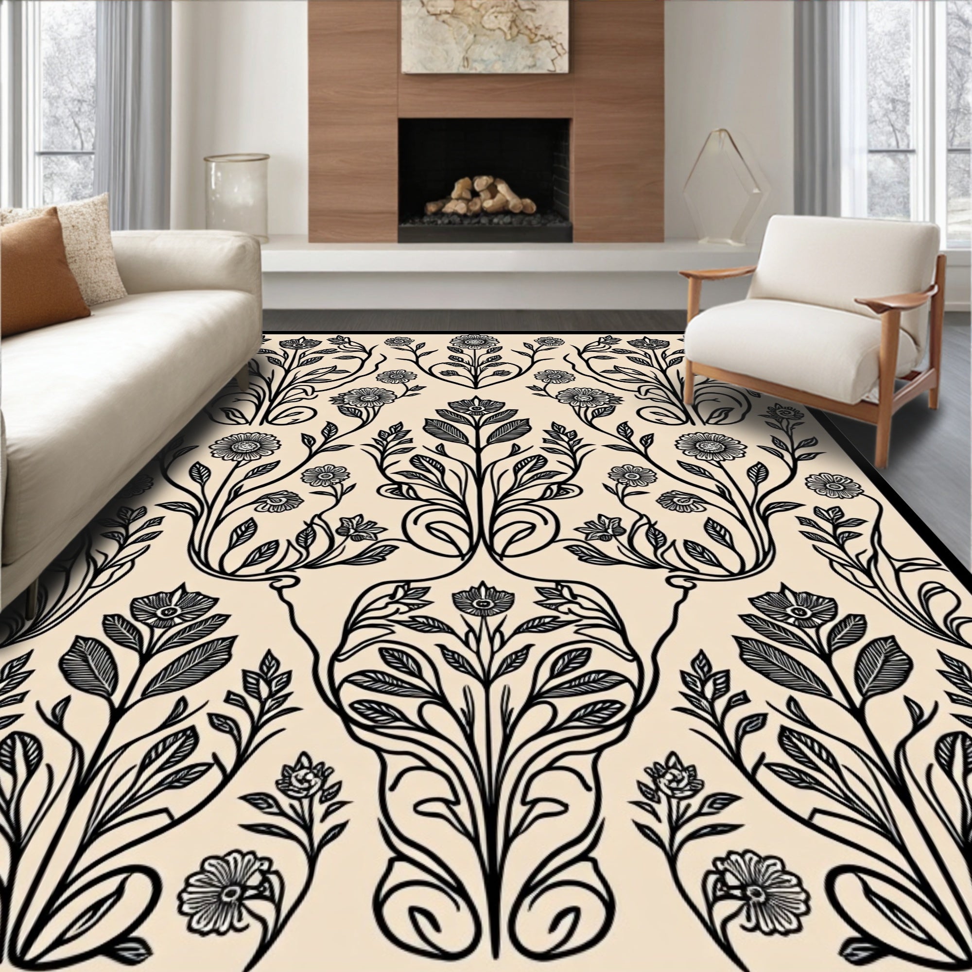Elegant Black Floral Symmetry Arrangement Rug