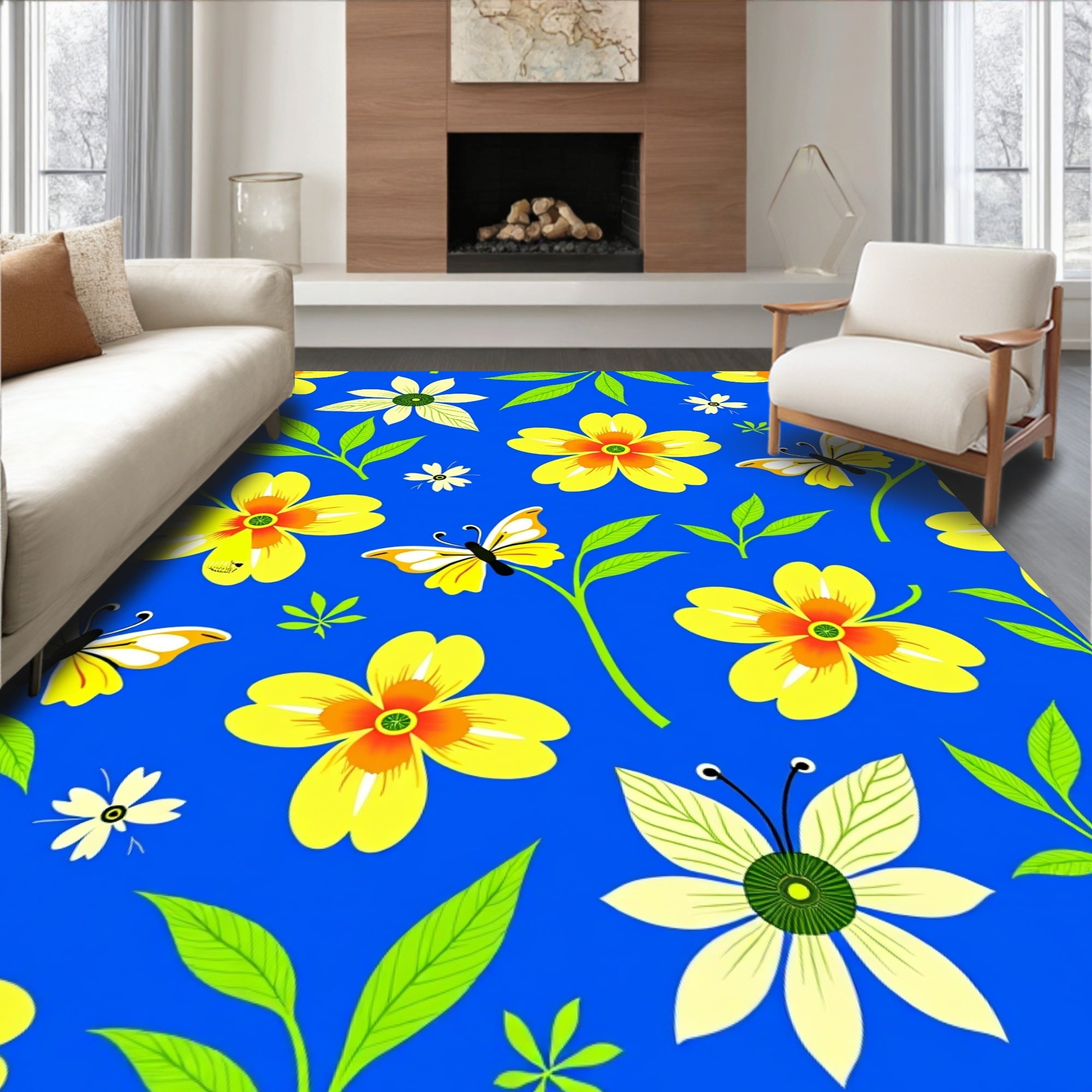 Vibrant Yellow Flowers Butterflies Garden Rug