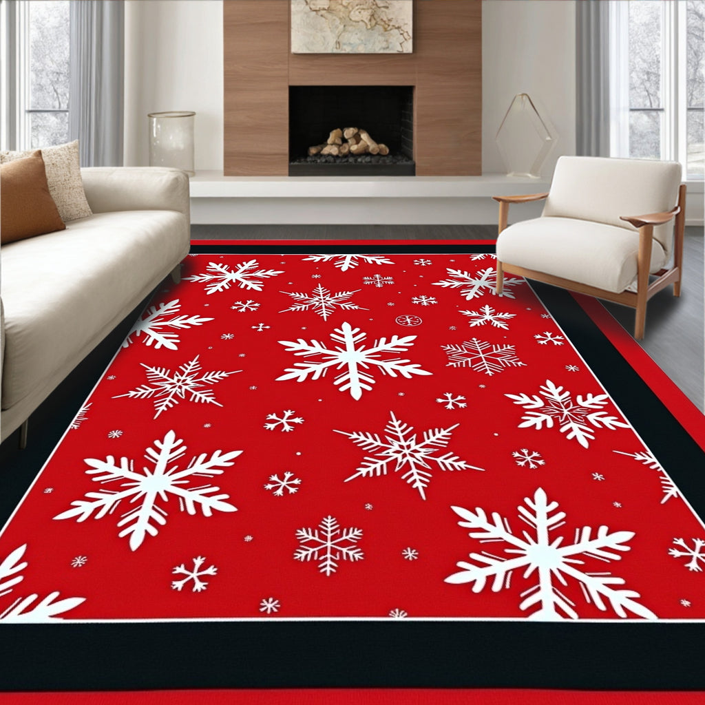 Vibrant Red White Snowflake Collage Rug