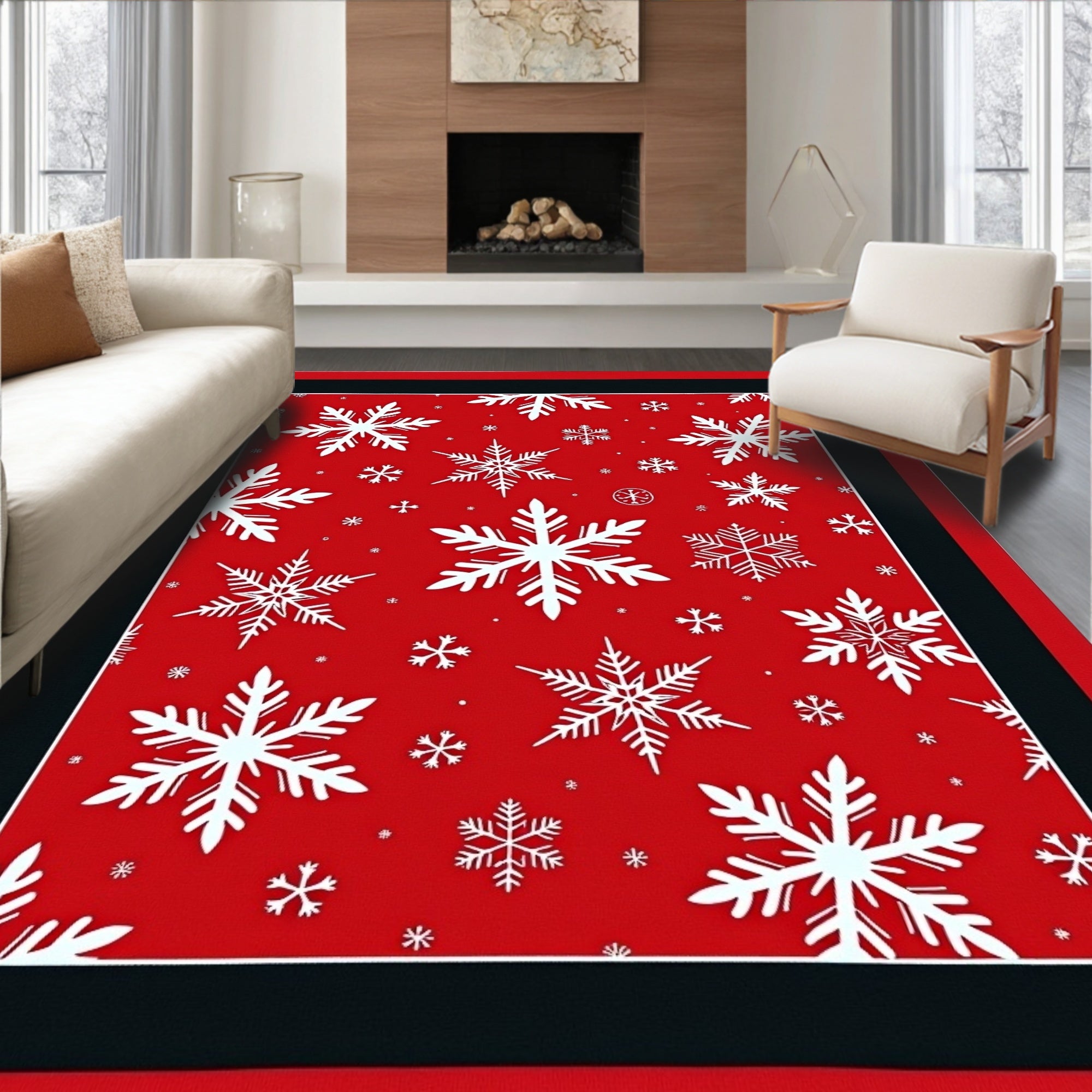 Vibrant Red White Snowflake Collage Rug