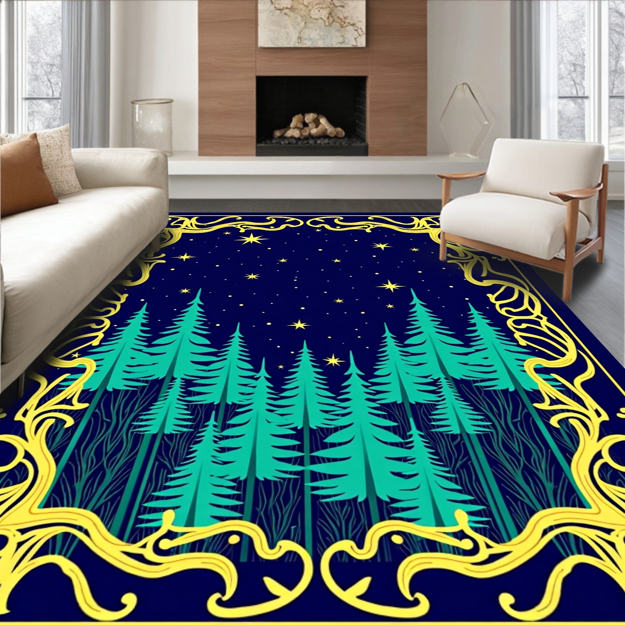 Midnight Forest Stars Golden Frame Rug