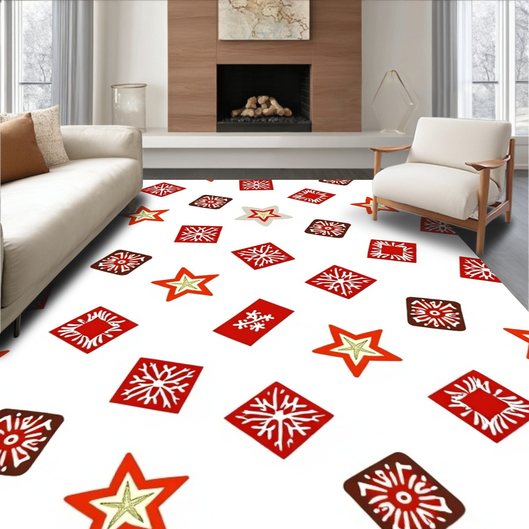 Red Folk Star and Square Scatter Rug