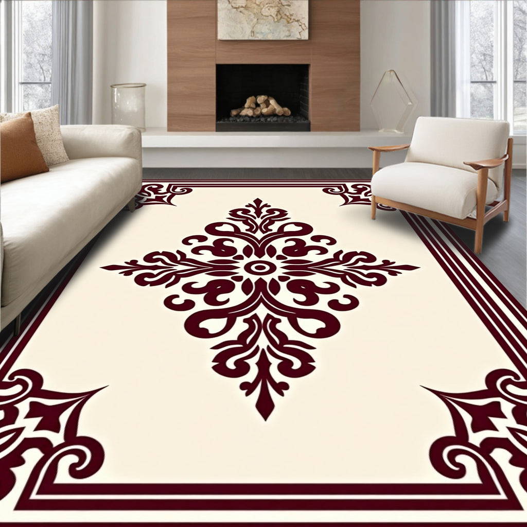 Deep Burgundy Medallion Cream Border Rug