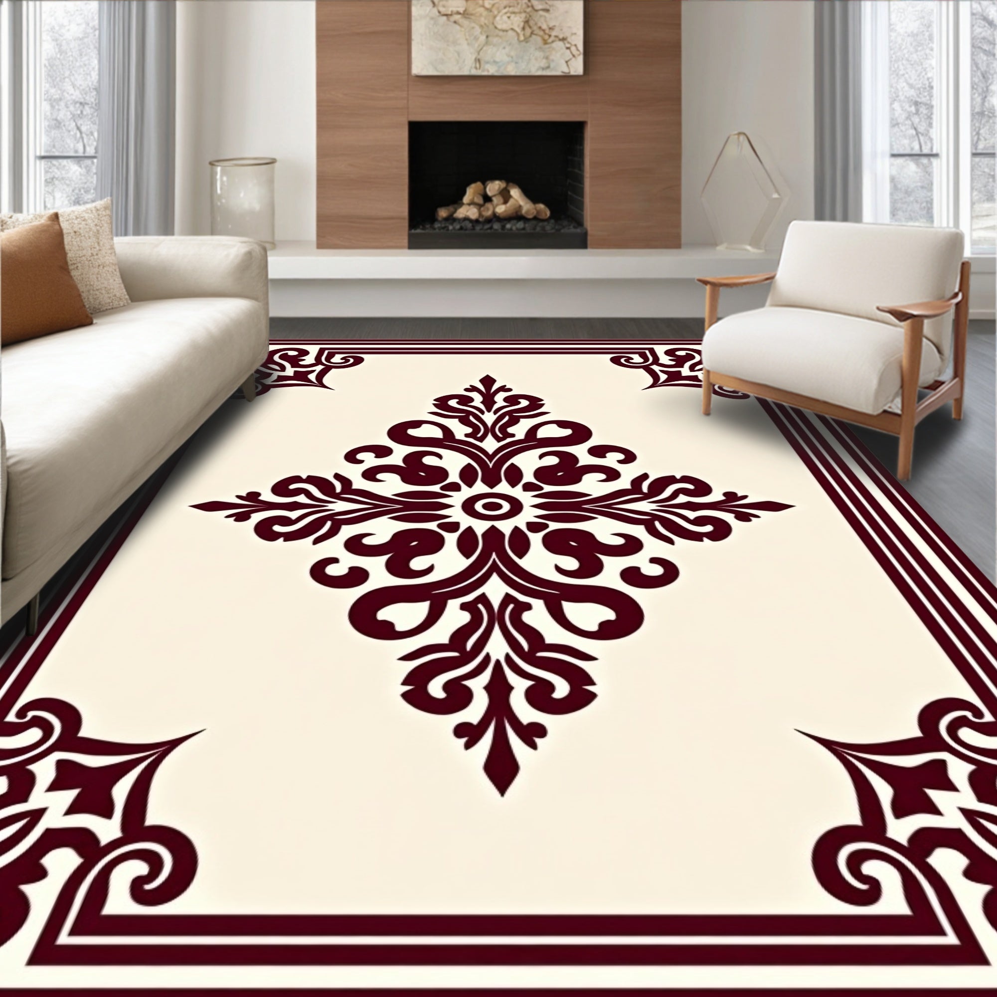 Deep Burgundy Medallion Cream Border Rug