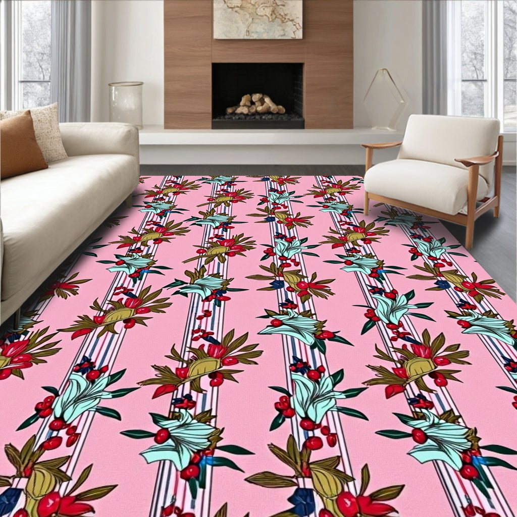 Pink Striped Floral Bouquet Rug