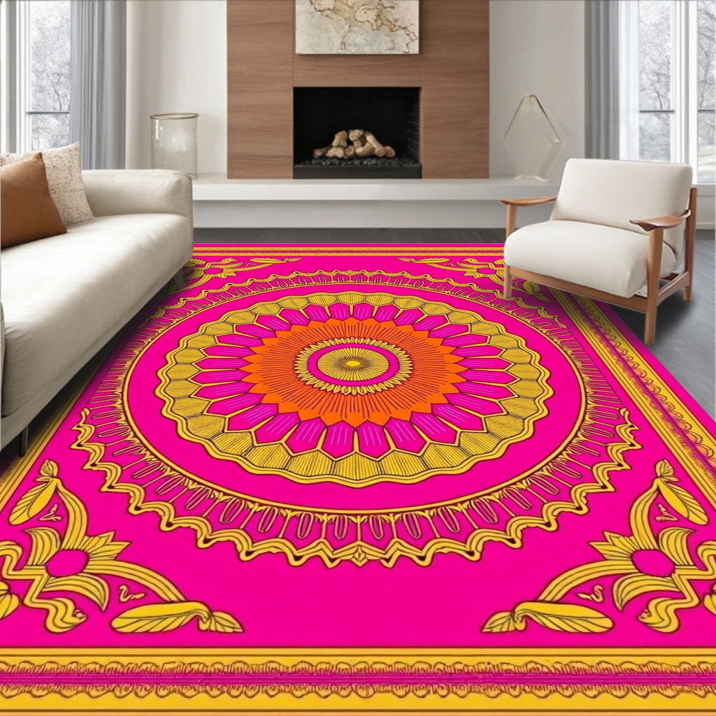 Vibrant Pink Orange Golden Medallion Rug
