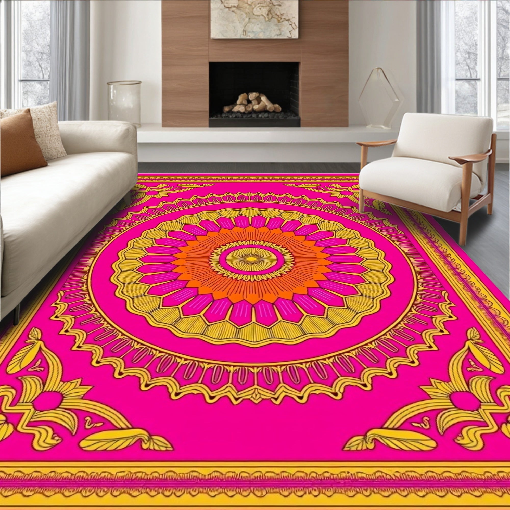 Vibrant Pink Orange Golden Medallion Rug