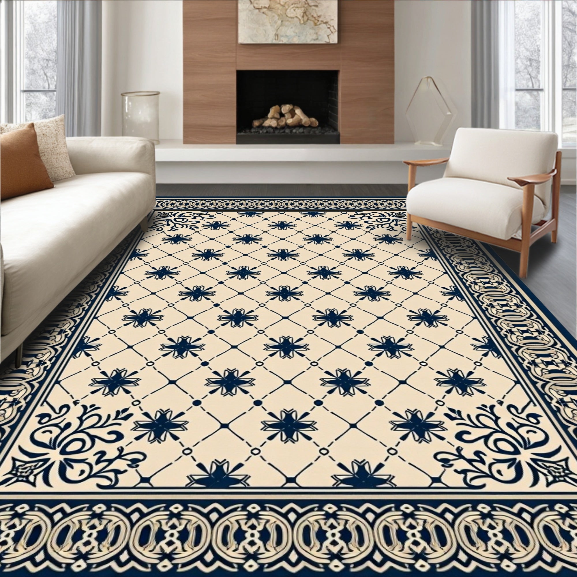 Navy Blue Floral Medallion Lattice Rug