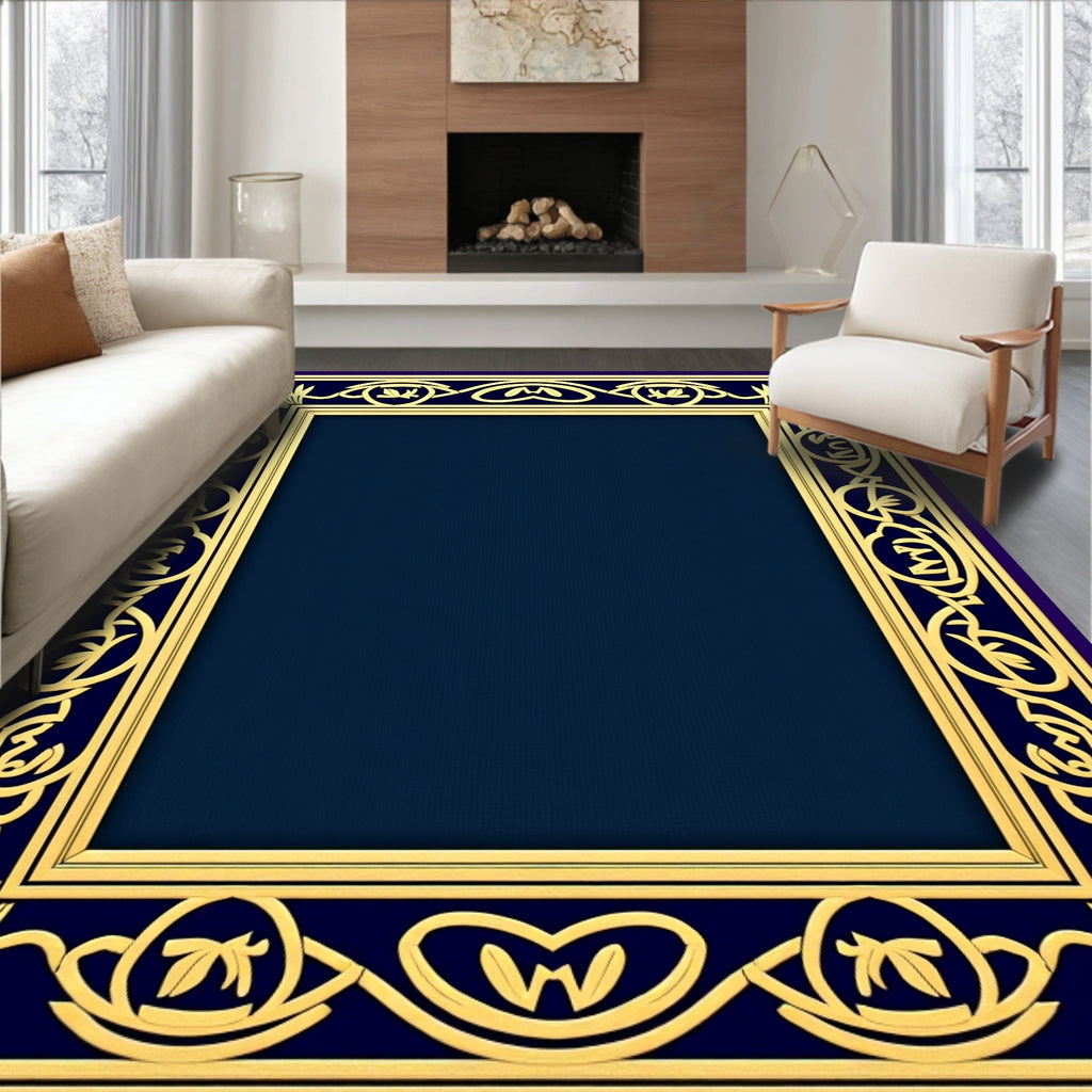 Elegant Gold Blue Floral Border Rug