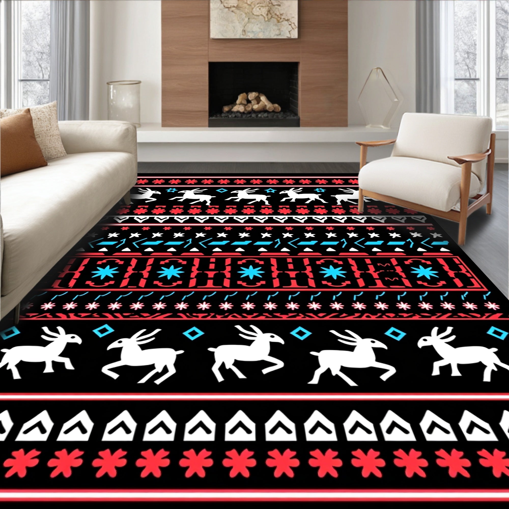 Red White Blue Reindeer Winter Holiday Accents Rug