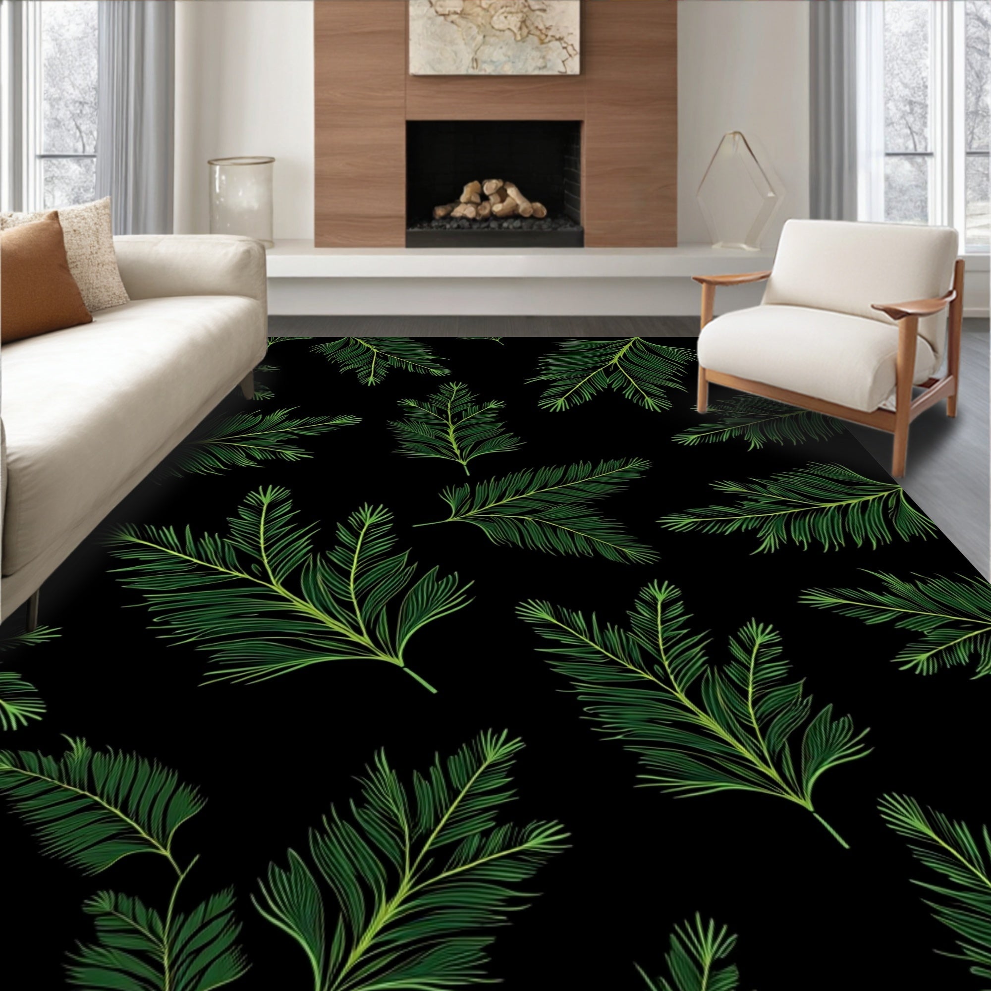 Emerald Green Fern Frond Pattern Rug
