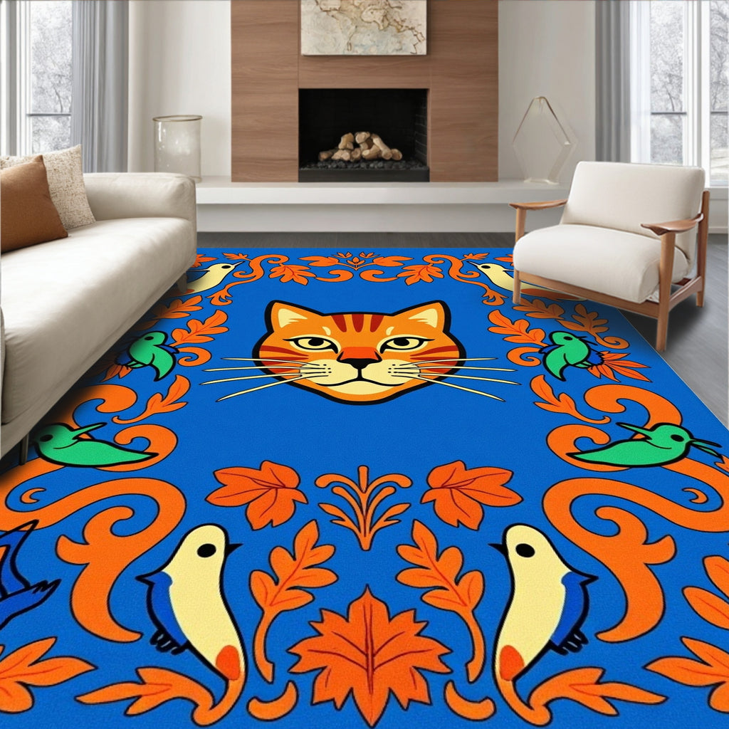 Orange Cat Blue Folk Art Birds Rug