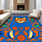 Orange Cat Blue Folk Art Birds Rug