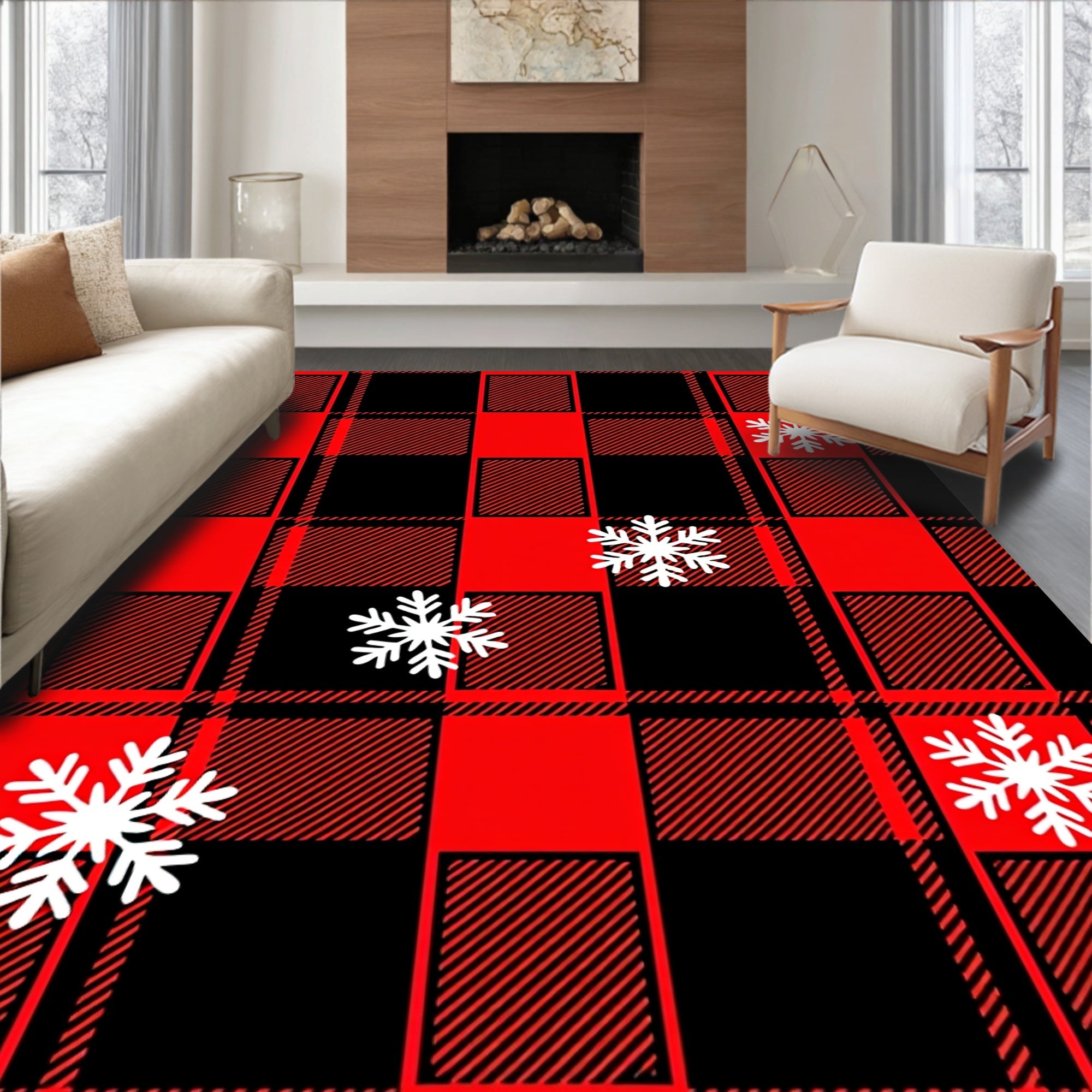 Red Black Plaid Snowfall Accents Rug