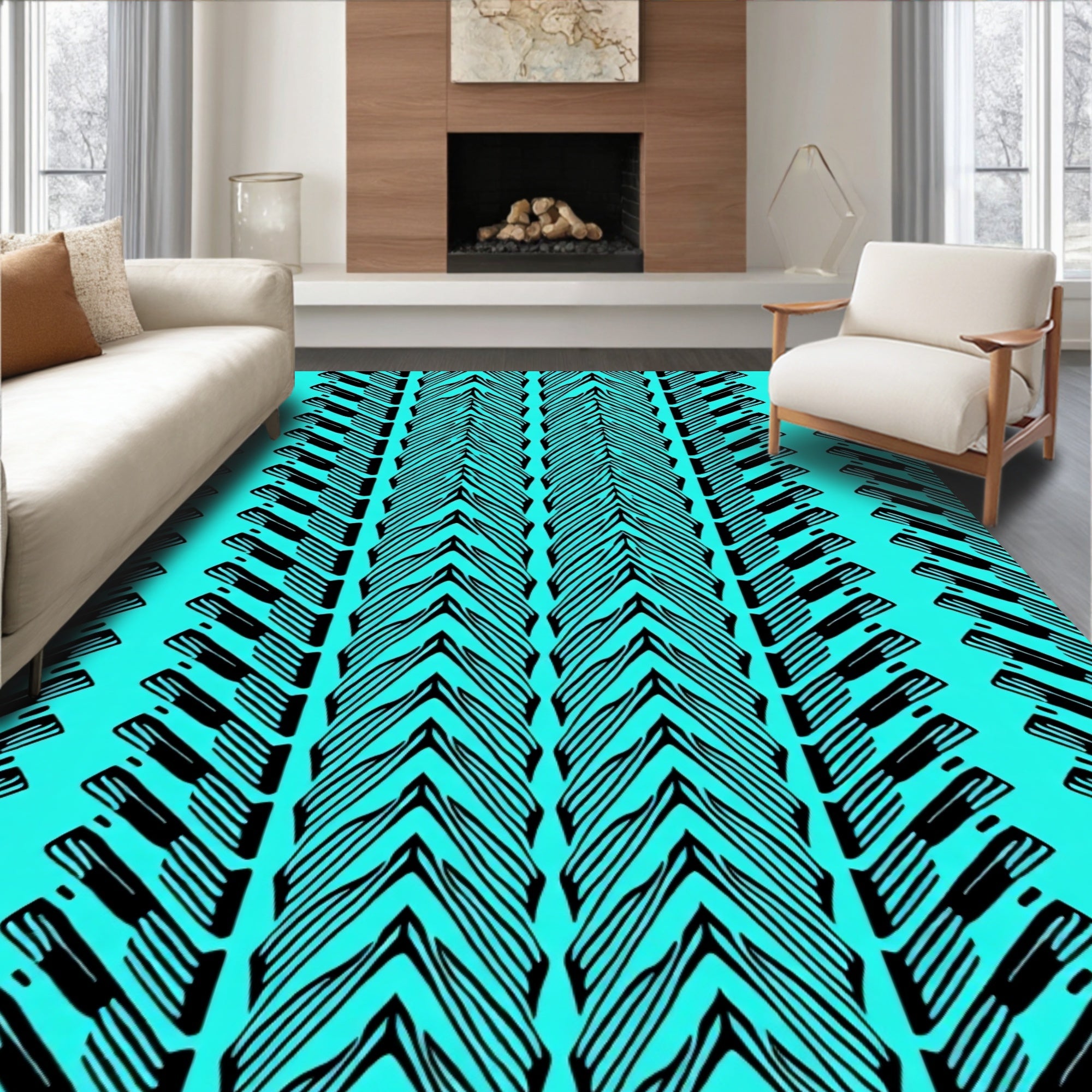 Black And Aqua Chevron Stripe Rug
