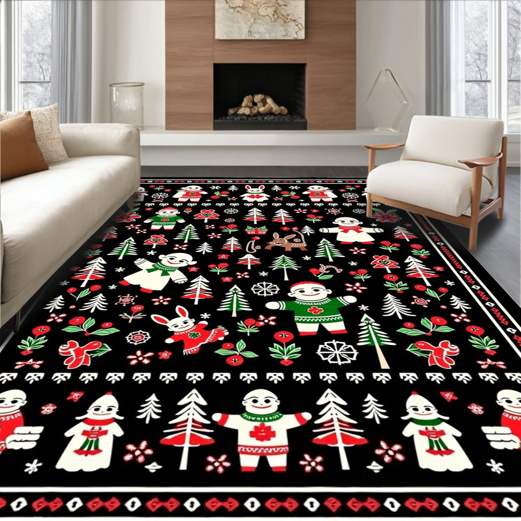 Festive Folklore Characters Red Green Black Rug
