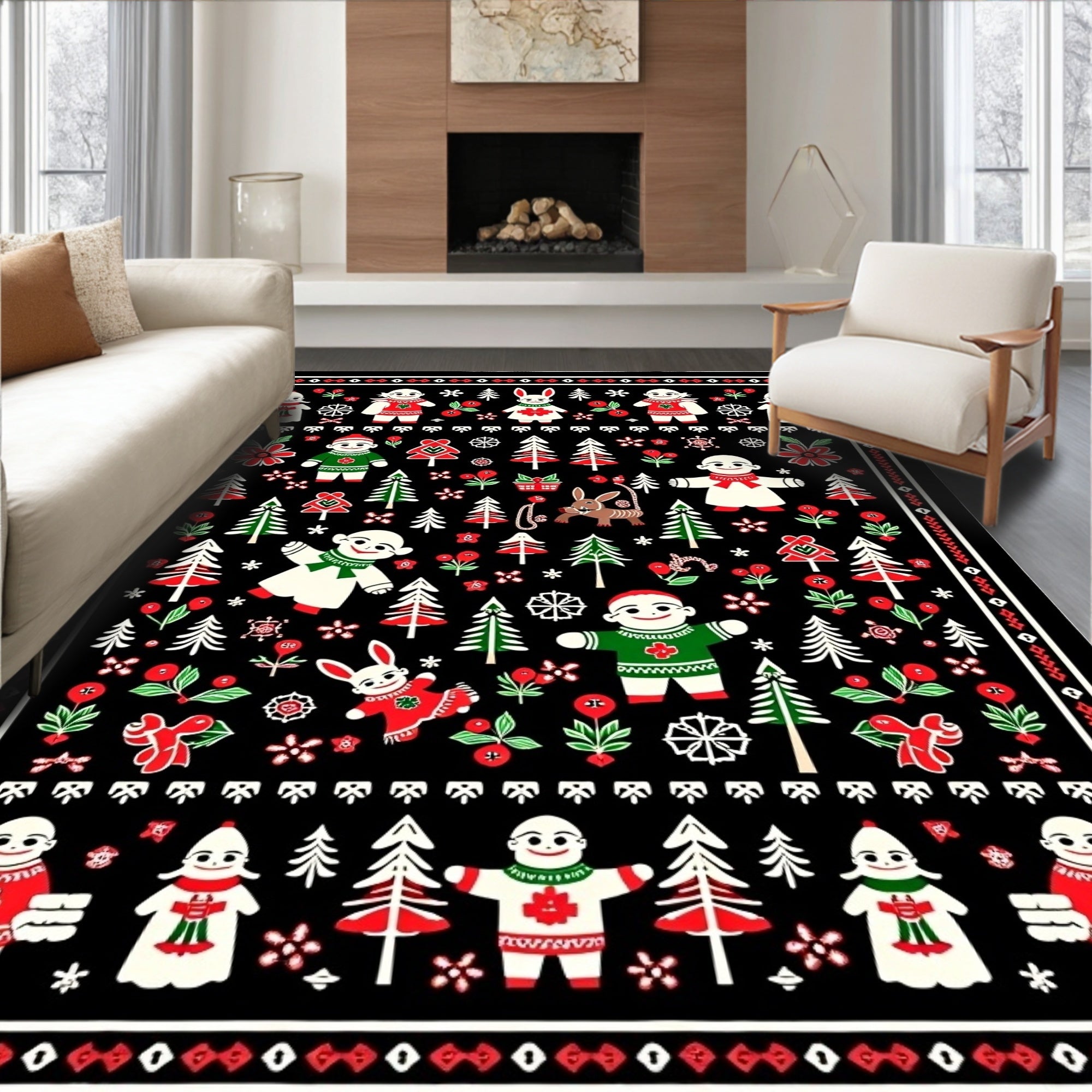 Festive Folklore Characters Red Green Black Rug