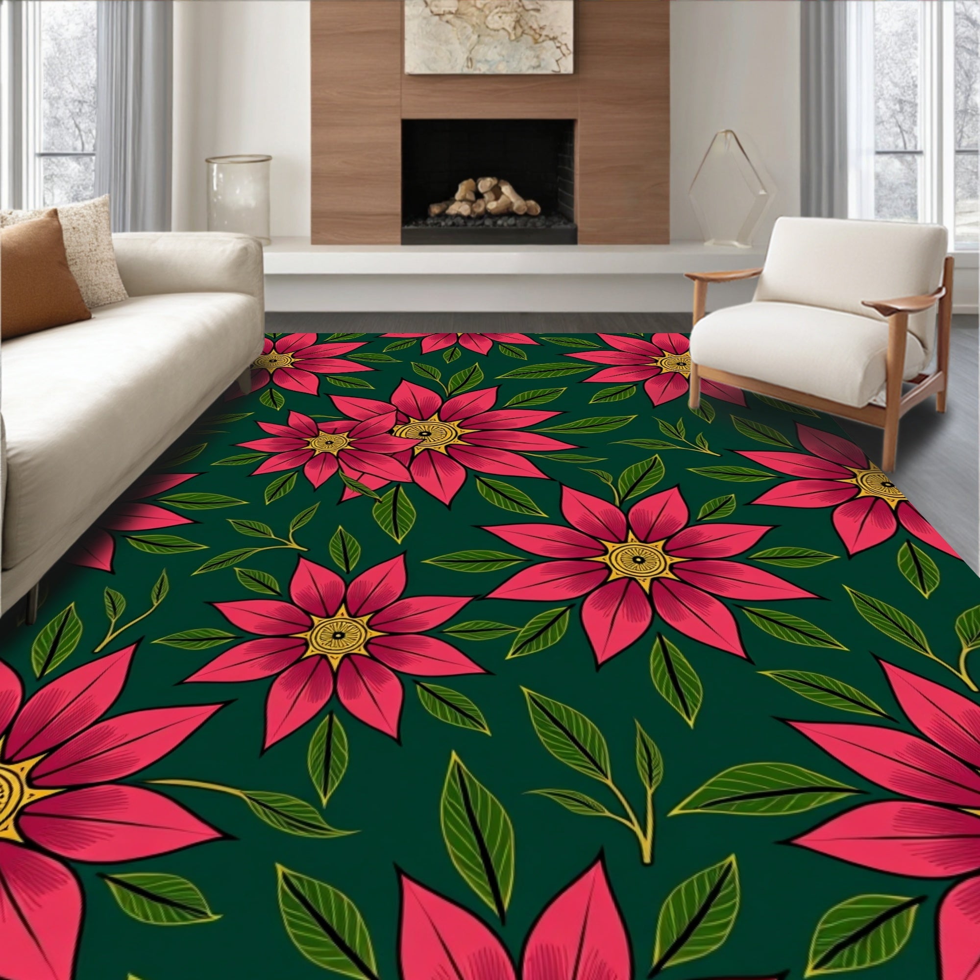 Bright Pink Floral Garden Art Rug