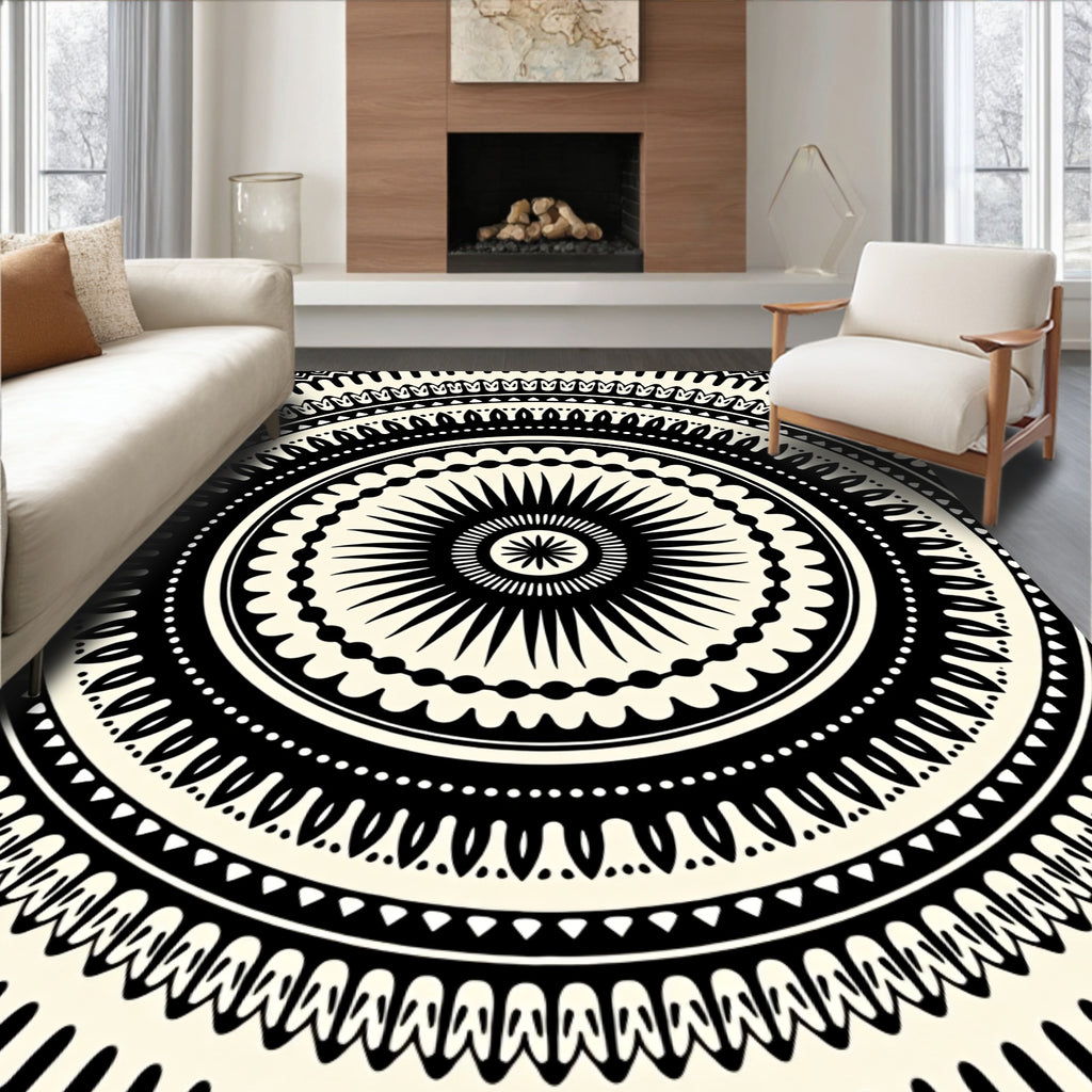 Bold Black Circular Spoke Mandala Rug