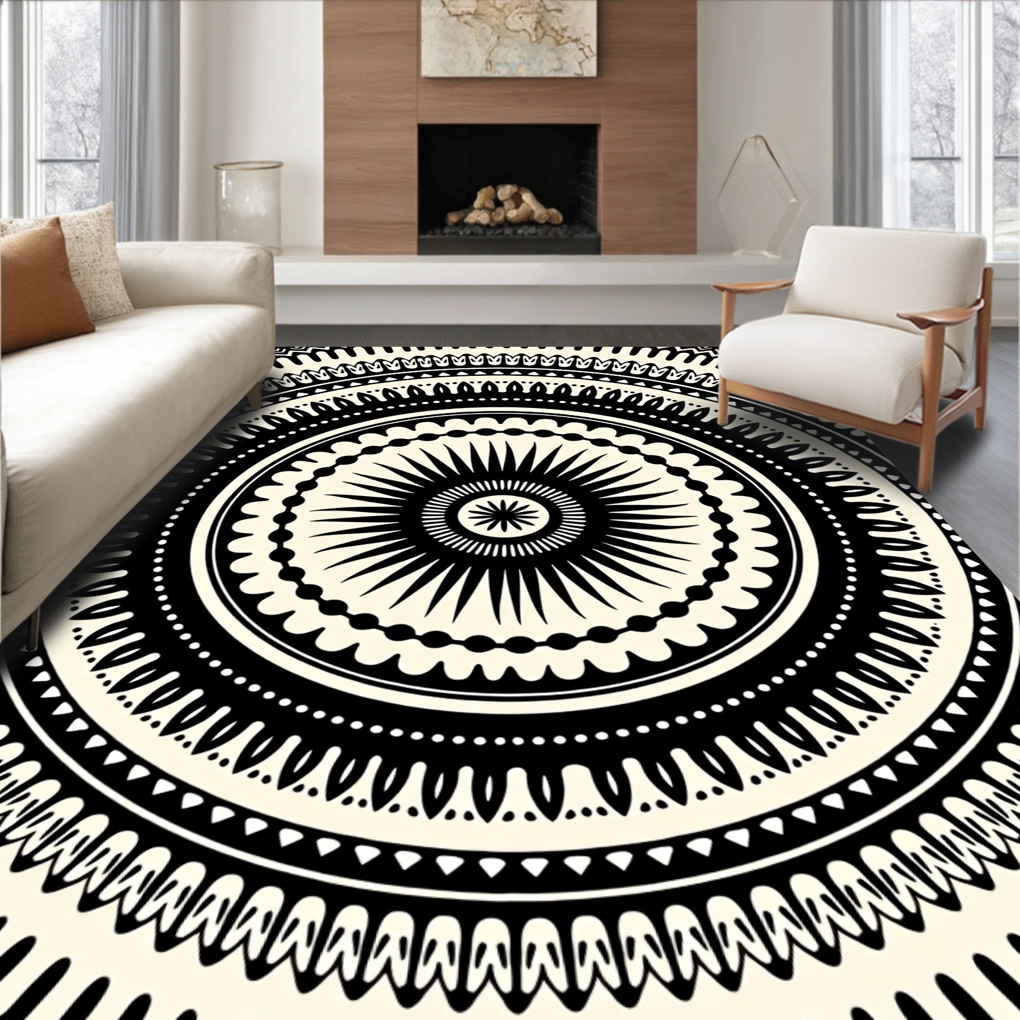 Bold Black Circular Spoke Mandala Rug