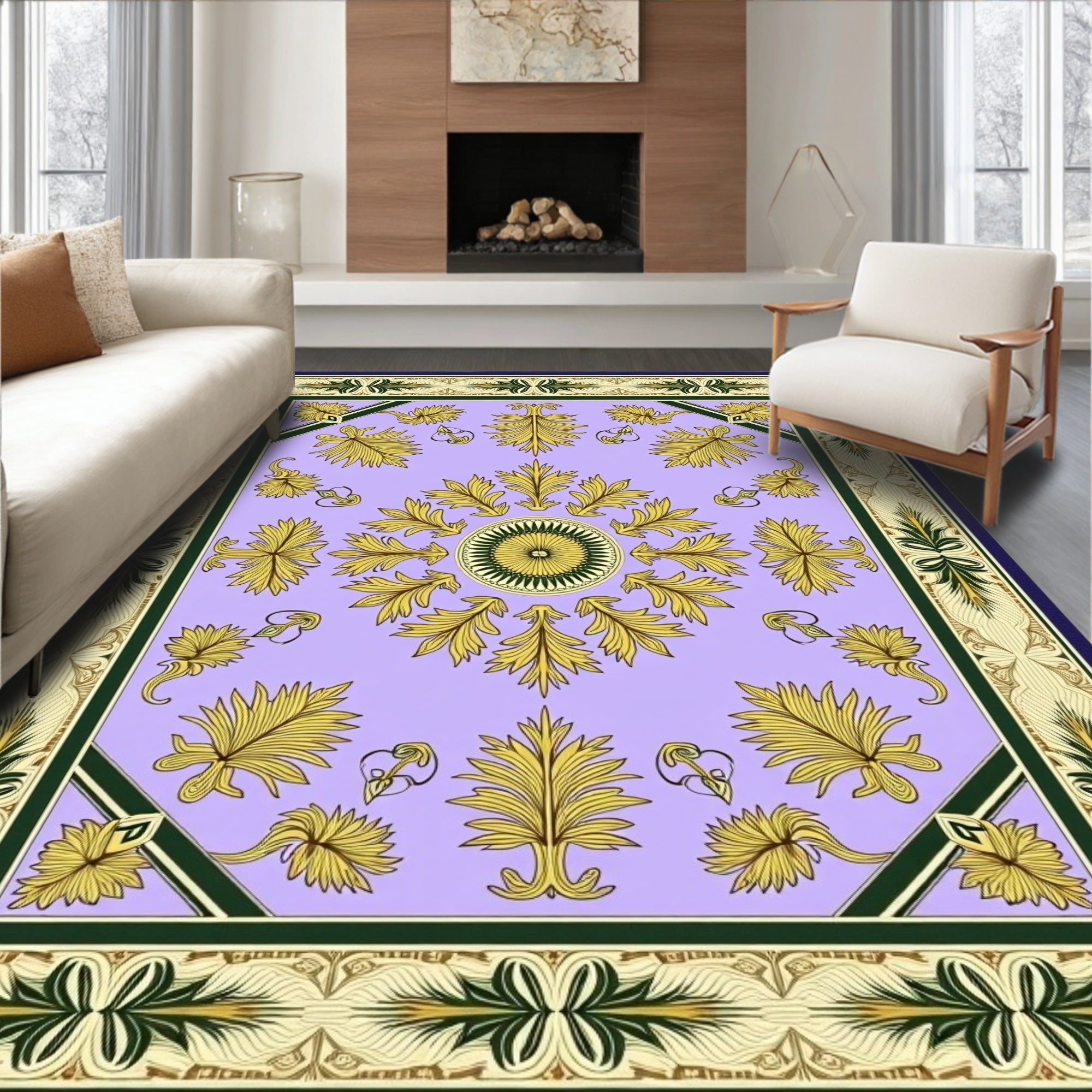 Ornate Golden Leaf Lavender Manor Rug